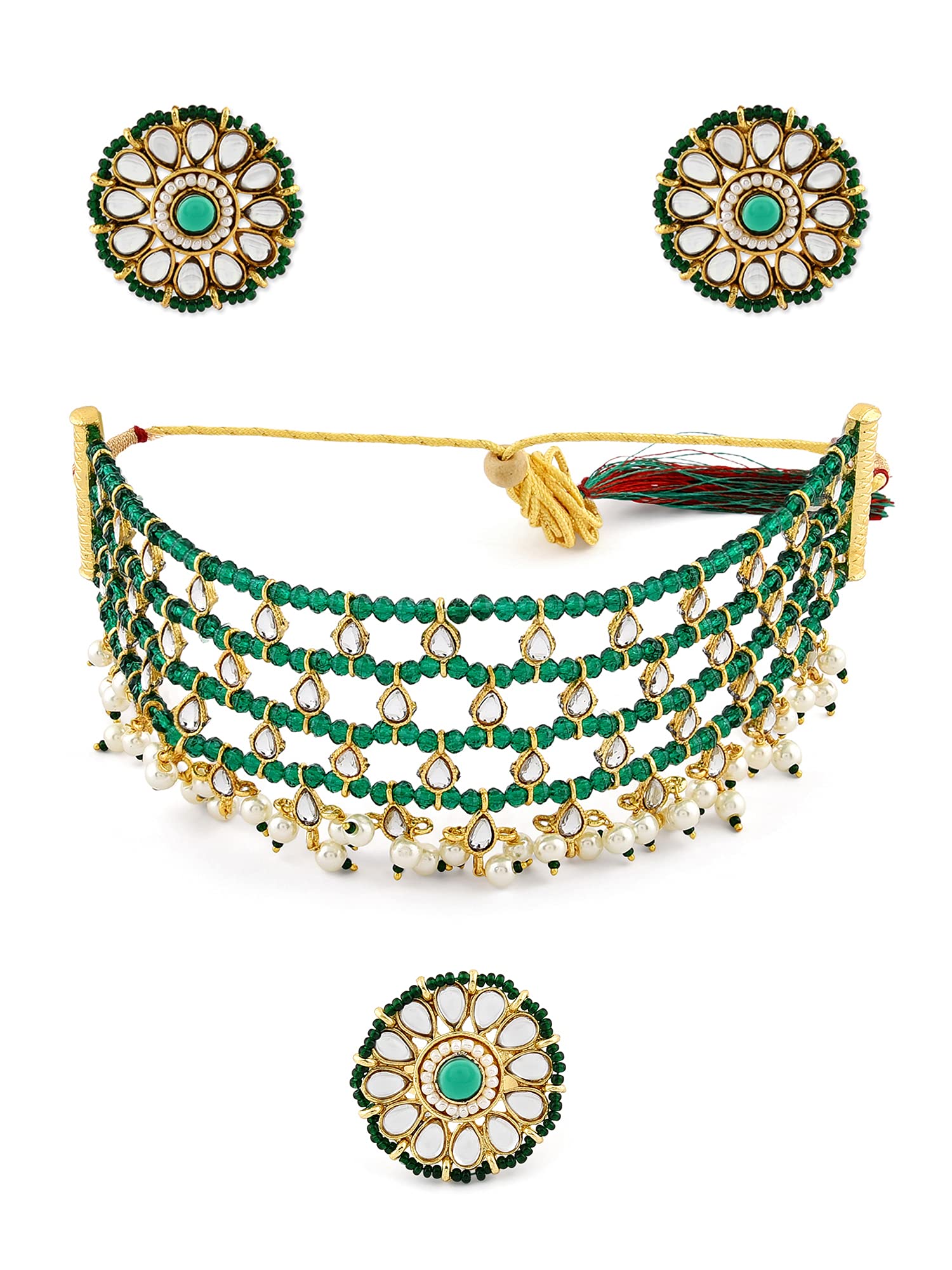 ZAVERI PEARLS Green Crystals Beaded Kundan Choker Necklace Earring & Ring Set For Women-ZPFK11063 (B09GNLJFL3) Amazon Price History, Amazon Price Tracker
