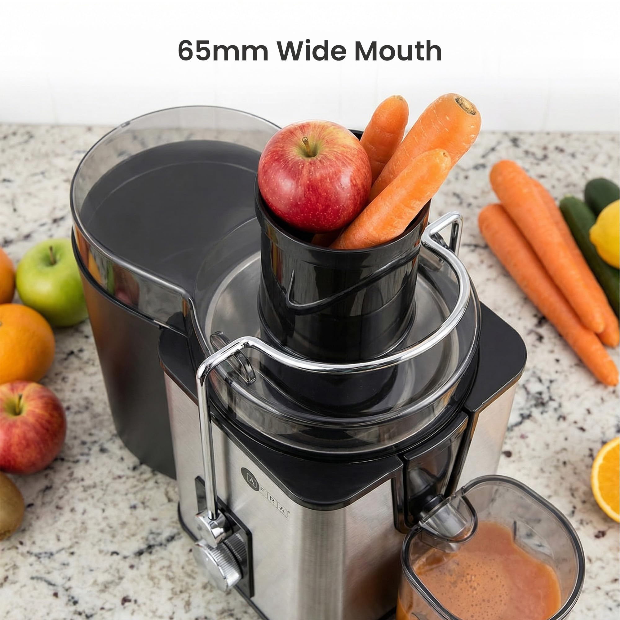 AFRA Presse-agrumes centrifuge 400 W – Extracteur électrique de jus de fruits et légumes avec 2 vitesses et impulsion, goulotte d'alimentation de 65 mm, récipient à pulpe de 1 l, pichet à jus de 550