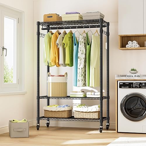 Miniatura 3 de SEMHOR S3 - Perchero portátil de 3 niveles resistente con cesta de almacenamiento, 2 varillas para colgar y 2 ganchos laterales, perchero ajustable