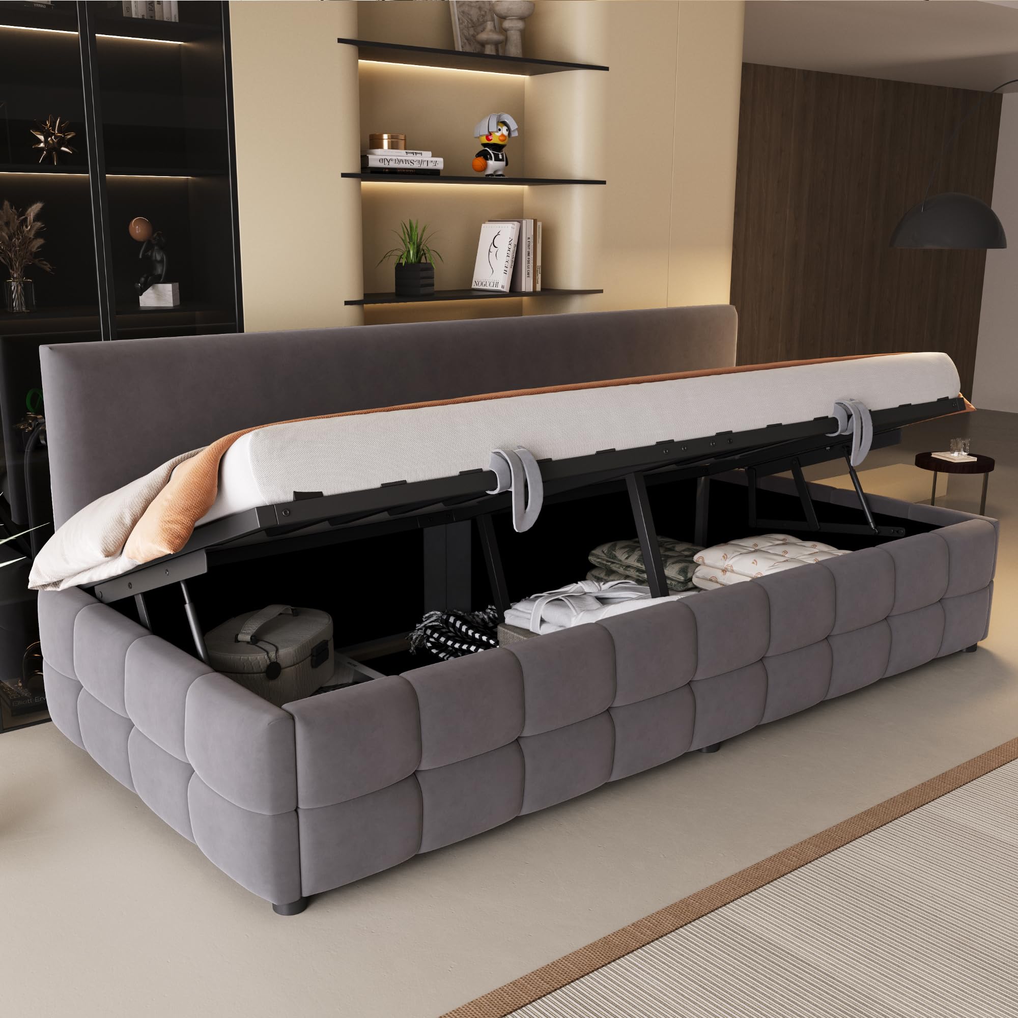 Divano Letto Imbottito 90X200cm con Contenitore Idraulico, Letto Singolo Tessuto in Velluto, Rete a Doghe, Mobili Imbottiti Sofa Bed per Soggiorno, Camera da letto o Ufficio, Grigio scuro