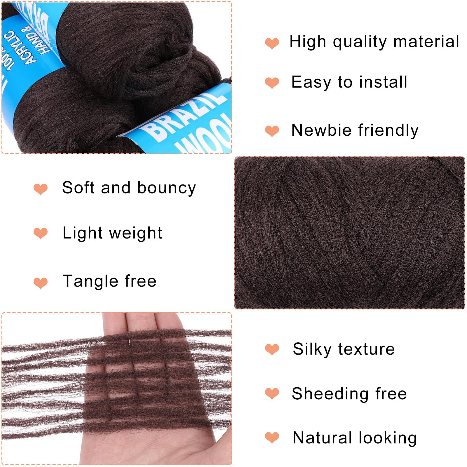 Mscat 2 Roll Dark Brown Brazilian Wool Hair for Braids, 2 Pcs Acrylic Hand Knitting Yarn for Black Women, Faux Locs - Image 3