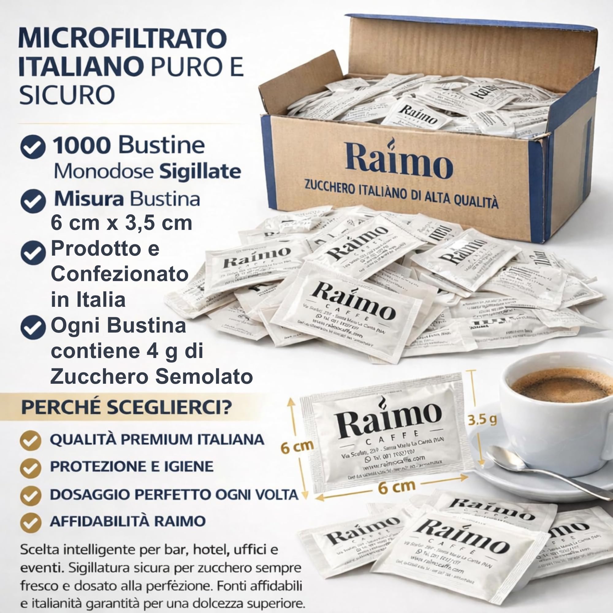 1000 Zucchero Bustine Bianco Monodose 4 g – Bustine Zucchero Monodose Prodotto In Italia - Ideale per Bar, Ufficio, Hotel e Catering – Porzioni Igieniche per Caffè, Tè e Bevande Calde