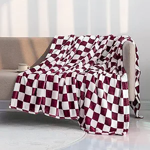 LOMAO Throw Blankets Flannel Blanket with Checkerboard Grid Pattern Soft Throw Blanket for Couch, Bed, Sofa Luxurious Warm and Cozy for All Seasons (Burgundy, 50"x60")