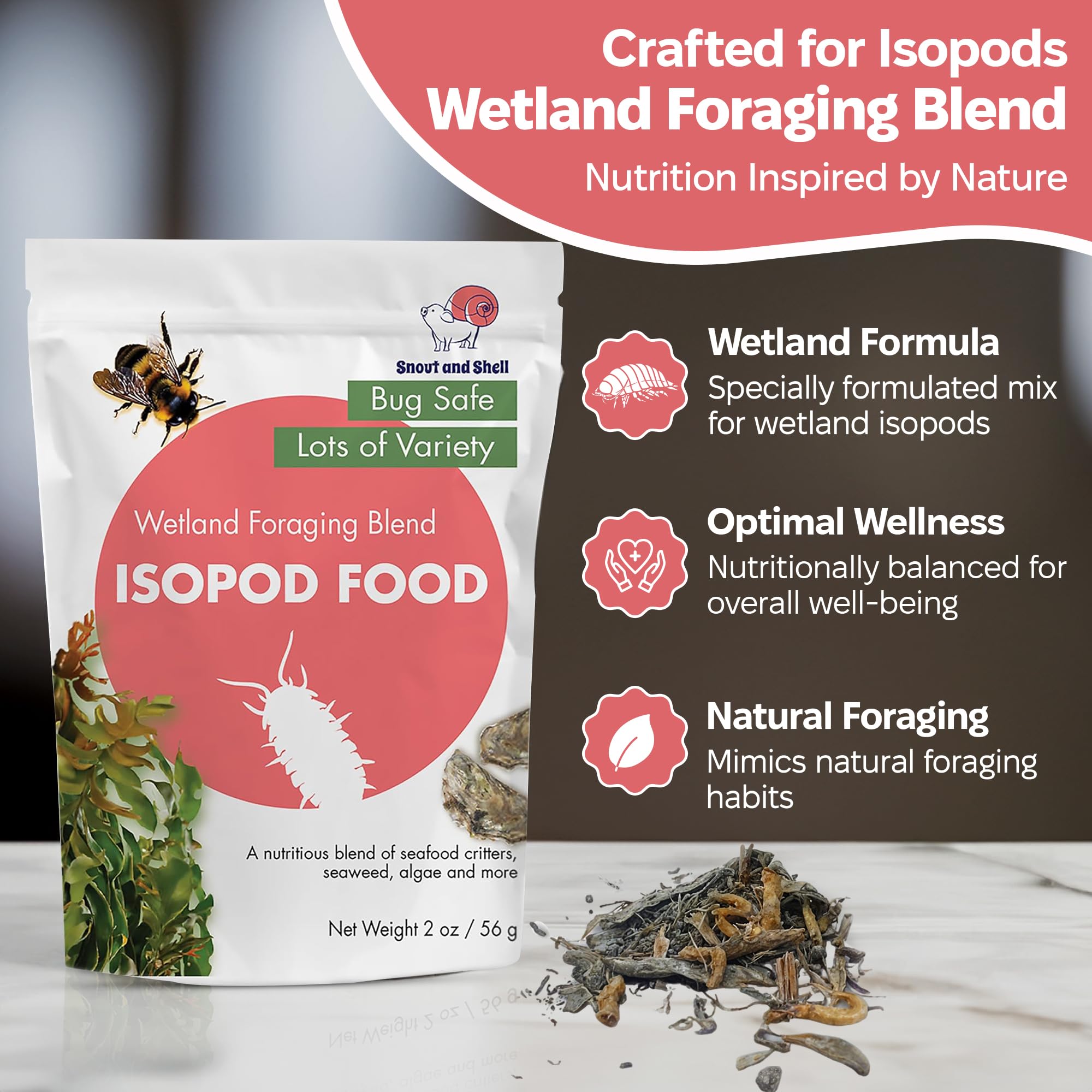 Snout and Shell Wetland Foraging Isopod Food Blend – Spirulina, Minnows & Kelp – Natural Diet for Isopods & Springtails – Boosts Gut Health, Reproduction & Natural Behavior – Bioactive Terrarium Food