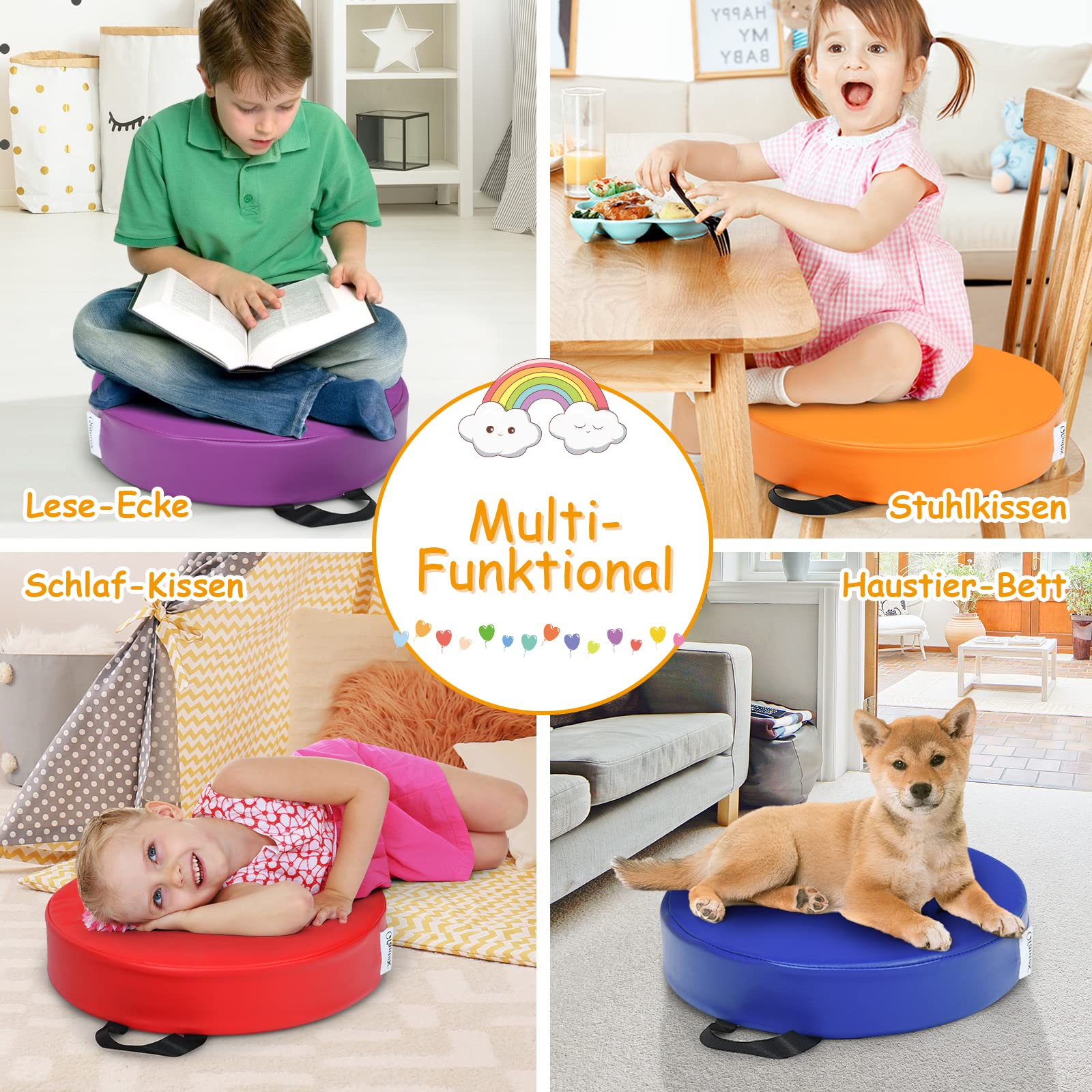 DREAMADE 6 PCS Bodenkissen mit Griff, Rundkissen aus Schaumstoff & PU, Stuhlkissen Sitzkissen für Kinder zur Farberkennung, Für Wohnzimmer, Kinderzimmer, Esszimmer, Garten (Rund, Bunt)