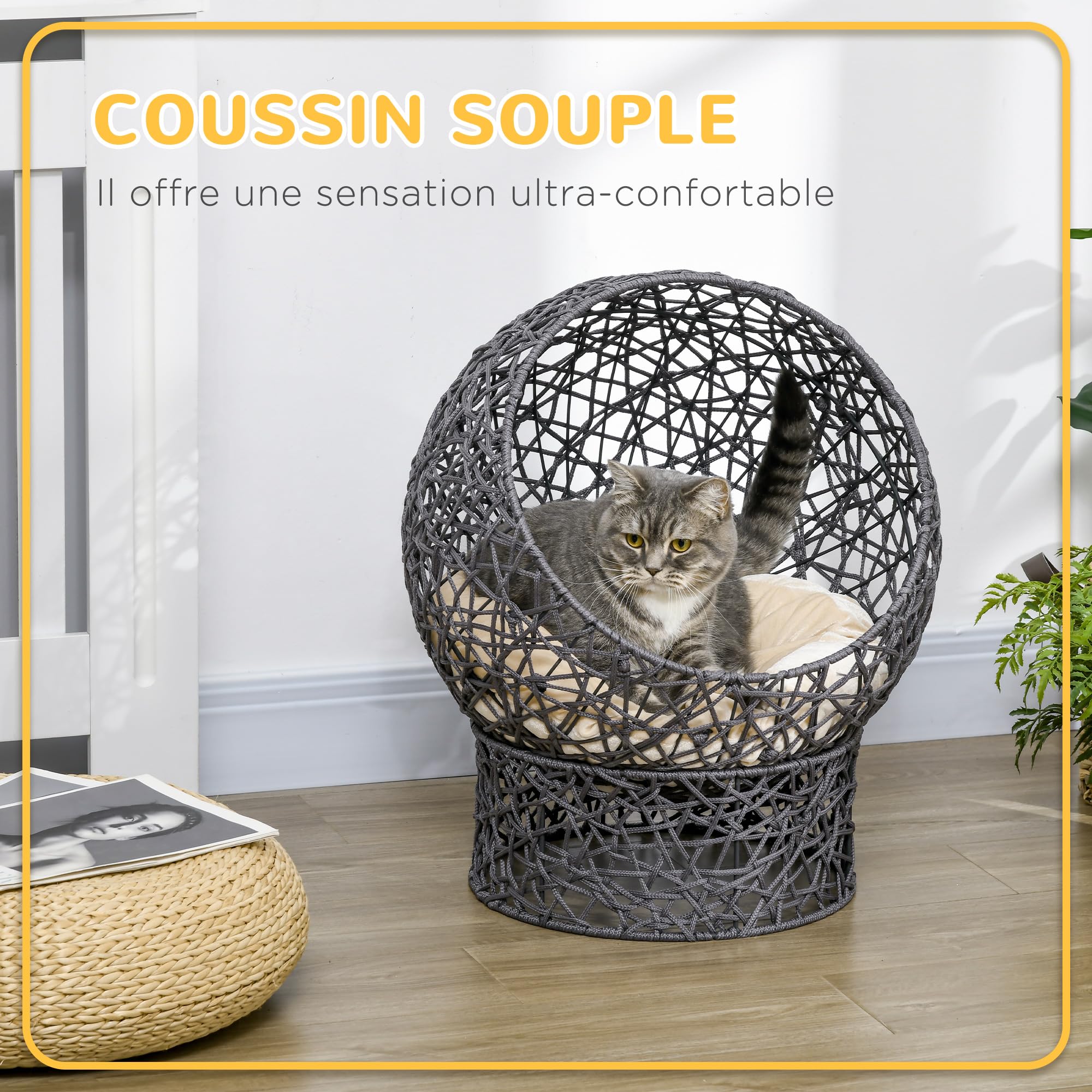 PawHut Panier Chat Lit Surélevé Support Détachable 50 x 50 x 60 cm Violet | Chat Cosy, Niche Grotte, Grand Confort, Coussin Moelleux Crème Inclus, en Corde en Polyester