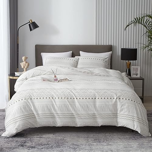 HYPREST Boho Duvet Cover Queen Size - Soft Boho Aztec White Duvet Cover with Taupe Waves and Traingles Zipper Closure, Oeko-TEX Certificated (No Comforter)