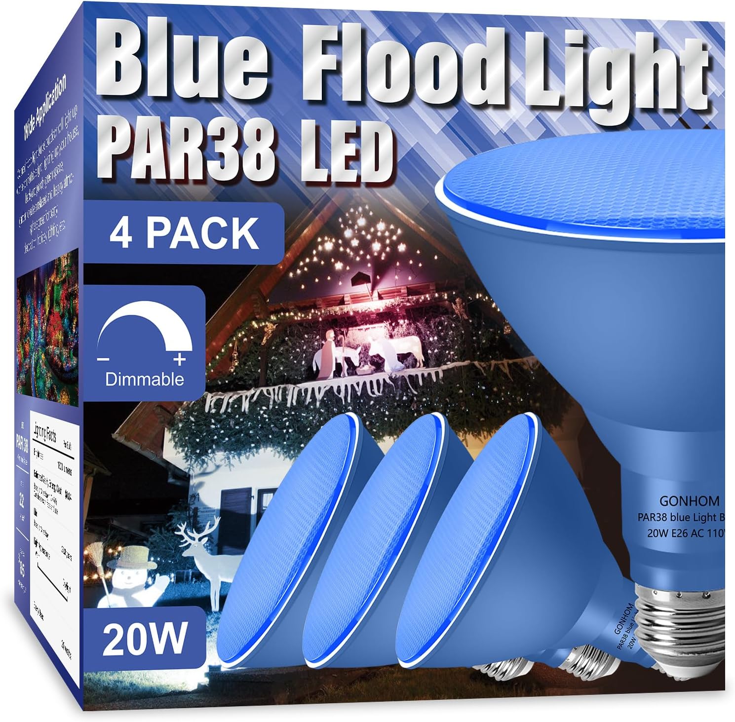 PAR38 Flood Lights Outdoor,Dimmable LED Flood Light Bulbs,20W(Equivalent to 200W),E26 Base,Outdoor Porch,Holiday Lighting,LED Flood Light Bulb for Halloween,Christmas,4 Pack Blue