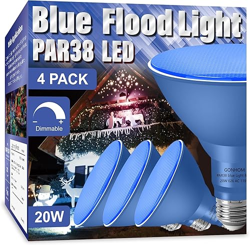 Vista 54 de Paquete de 4 luces de inundación moradas PAR38 para exteriores, bombillas moradas regulables, 20 W (equivalente a 200 W), base E26, bombillas