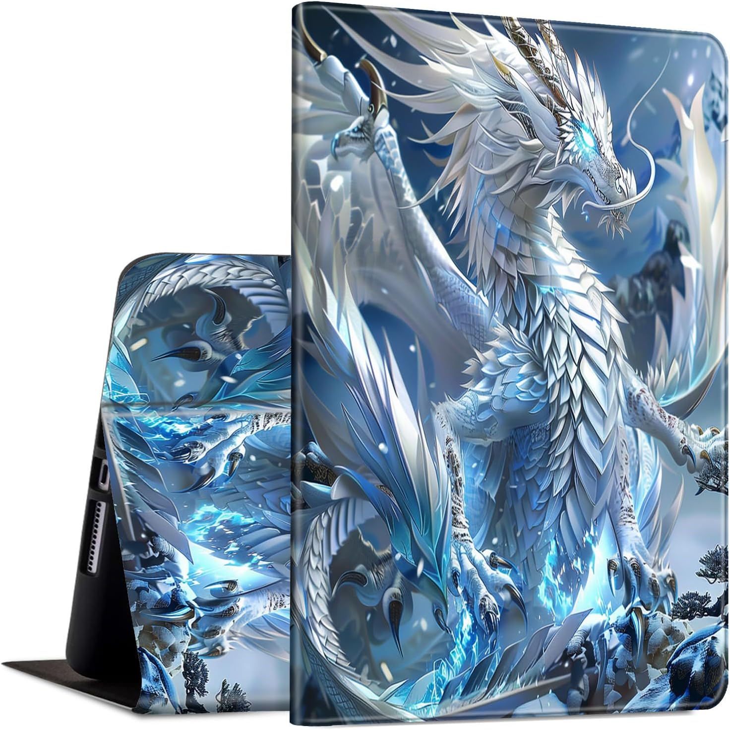 Case for All-New Amazon Kindle Fire HD 10 & 10 Plus Tablet (13th/11th Generation, 2023/2021 Release) 10.1" PU Leather Slim Adjustable Stand Smart Cover with Auto Sleep/Wake, White Dragon