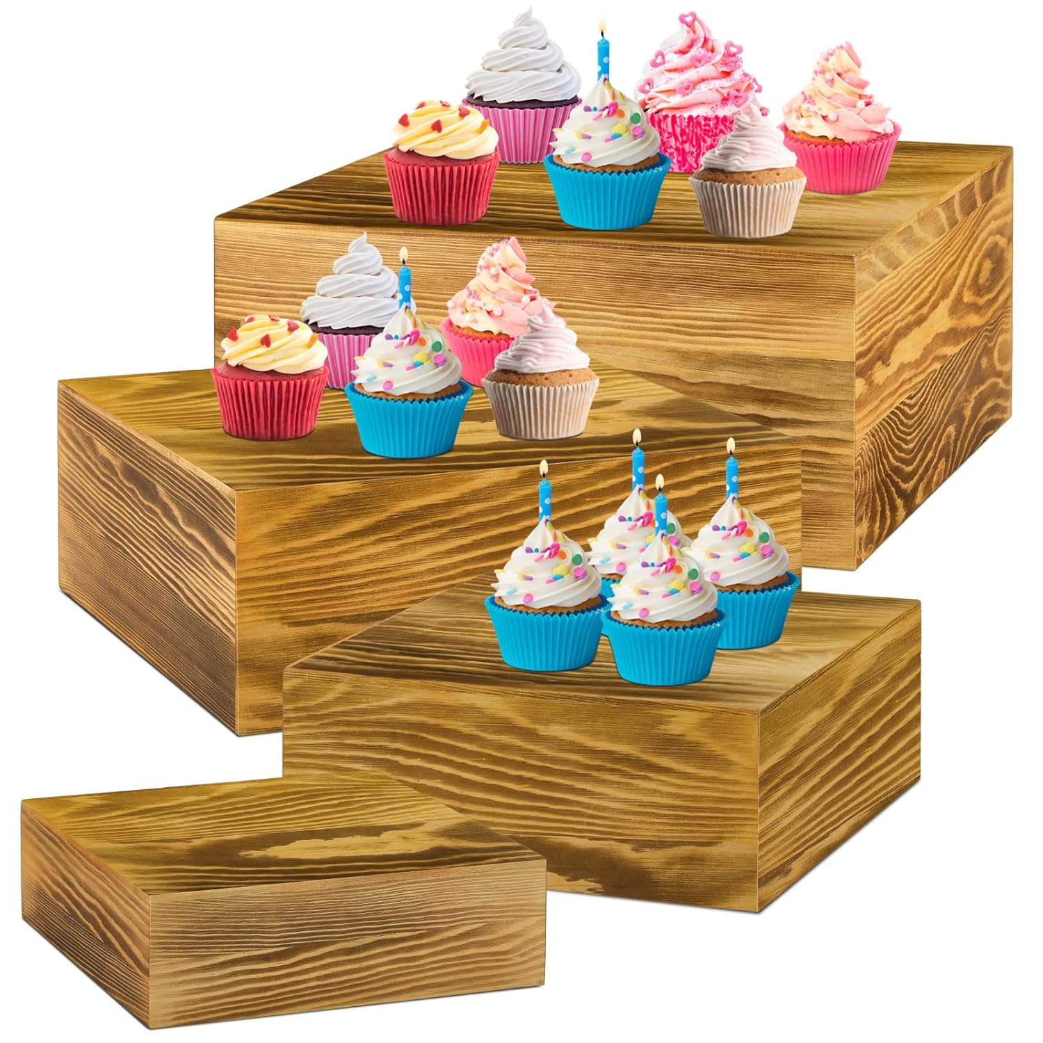 Roowest Set of 4 Large Wood Display Risers Size 11.8",10",7.8",6.3",Rustic Cupcake Stand Wood Cake Stands Wooden Display Risers for Table Dessert Wedding(Rustic Brown)