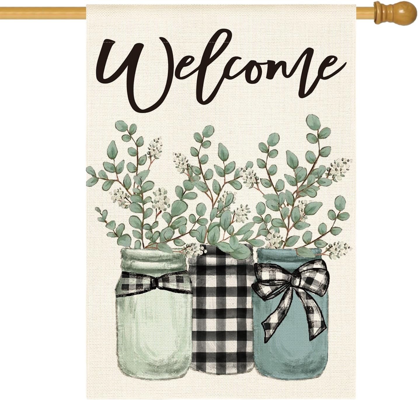 AVOIN colorlife Eucalyptus Mason Jar Spring Summer House Flag 28x40 Inch Double Sided Outside, Buffalo Plaid Welcome Yard Outdoor Flag Multi House Size-28 x 40"