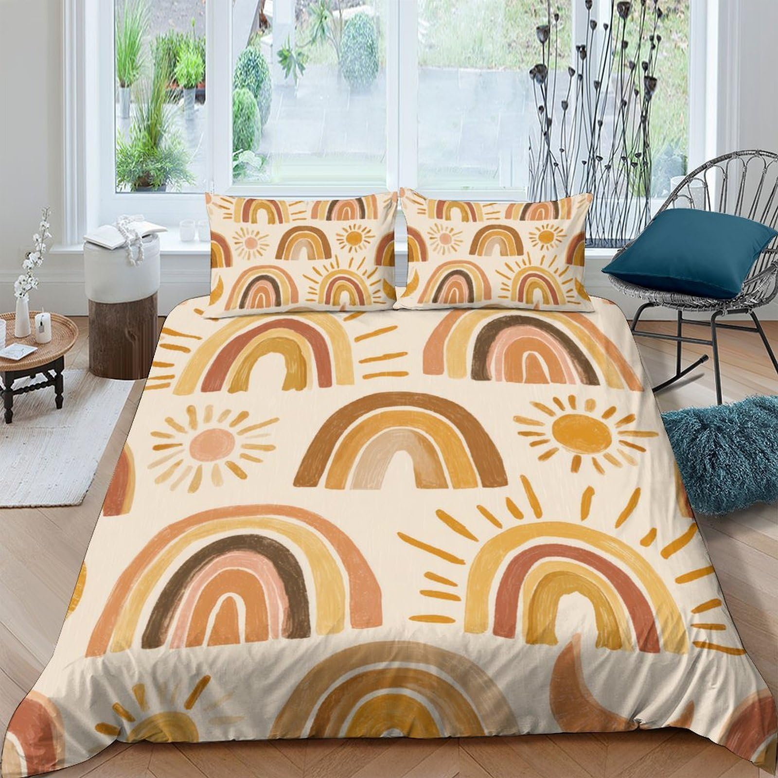 TUFRTGYHN 3D Printed Rainbow Sun Duvet Cover Microfiber Soft Breathable Abstract Bedding Set with 2 Pillowcases for Bedroom Decor Single（135x200cm）