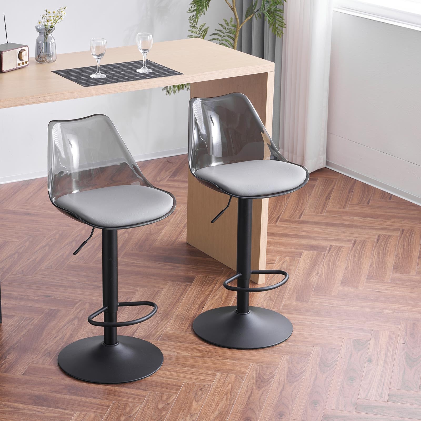 set di 2 sgabelli da bar trasparenti in acrilico regolabili in altezza con schienale e poggiapiedi, sedie girevoli imbottite a 360° moderne per cucina, sala da pranzo, bancone e bar