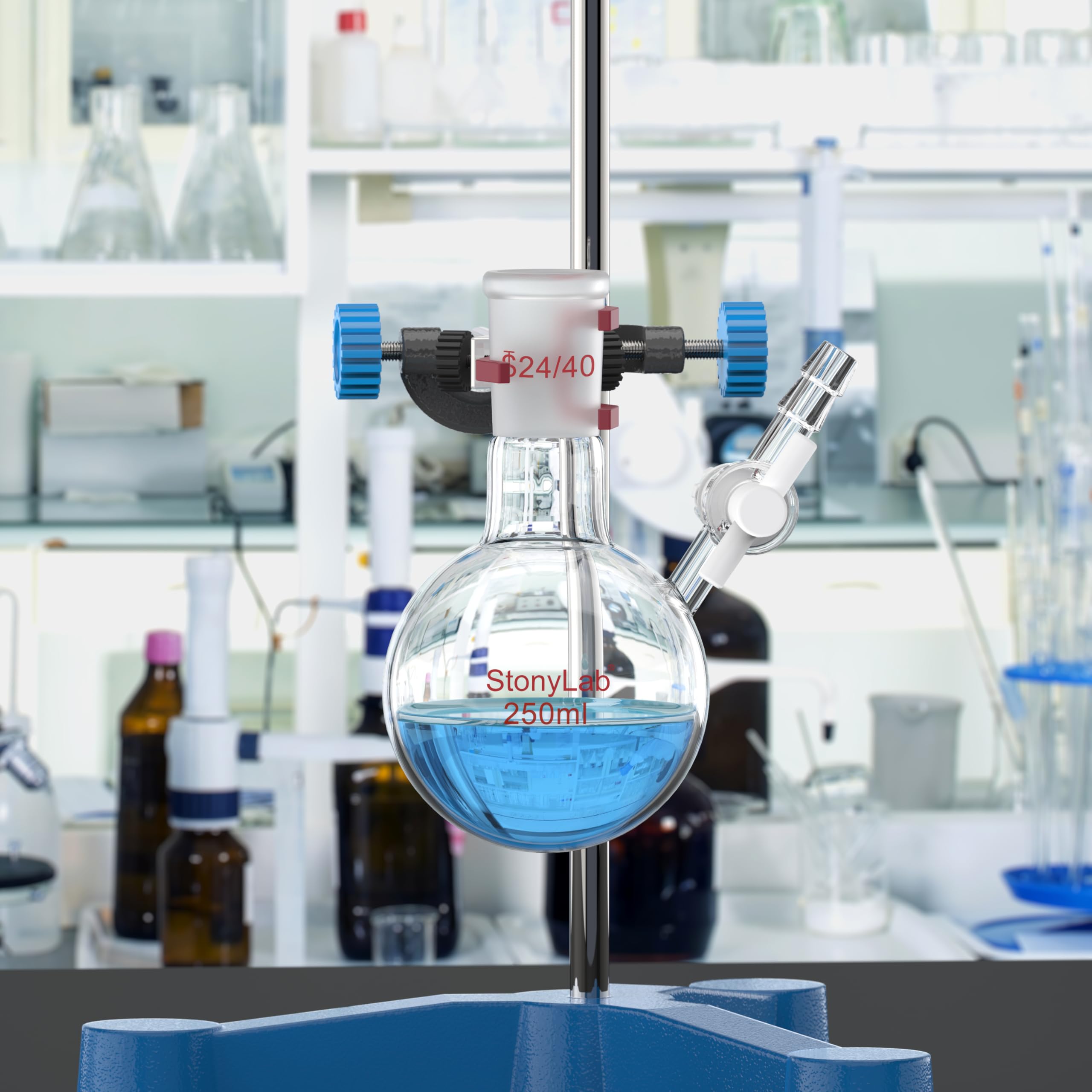 stonylab Matraz de Reacción, Matraz de Reacción de Vidrio de Borosilicato de Cuello único con Junta 24/40 y Válvula de Llave de paso de PTFE, Matraz de Fondo Redondo de 250 ml