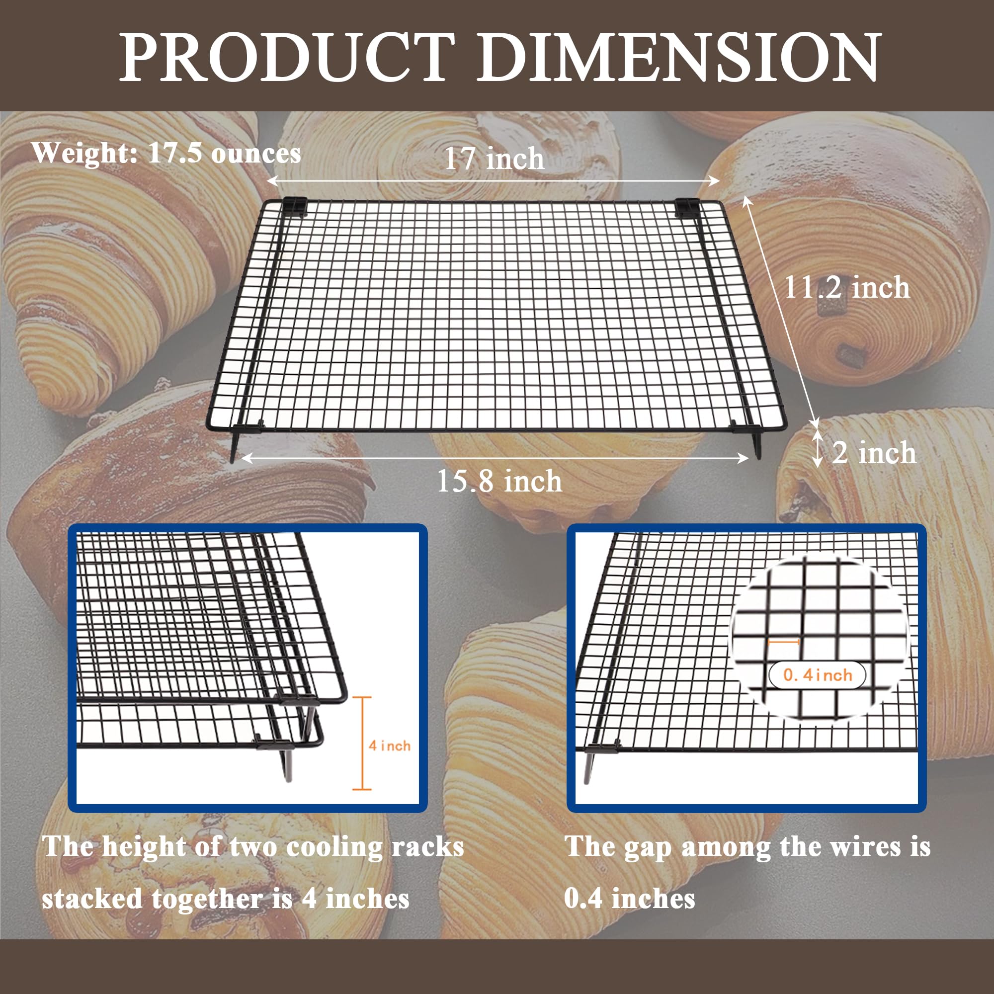 Lot de 2 grilles de refroidissement avec pieds pliables, pour cuisiner, rôtir, sécher, antirouille, anti-adhésif, pour la cuisson, 43,2 x 28,4 cm, noir (2)