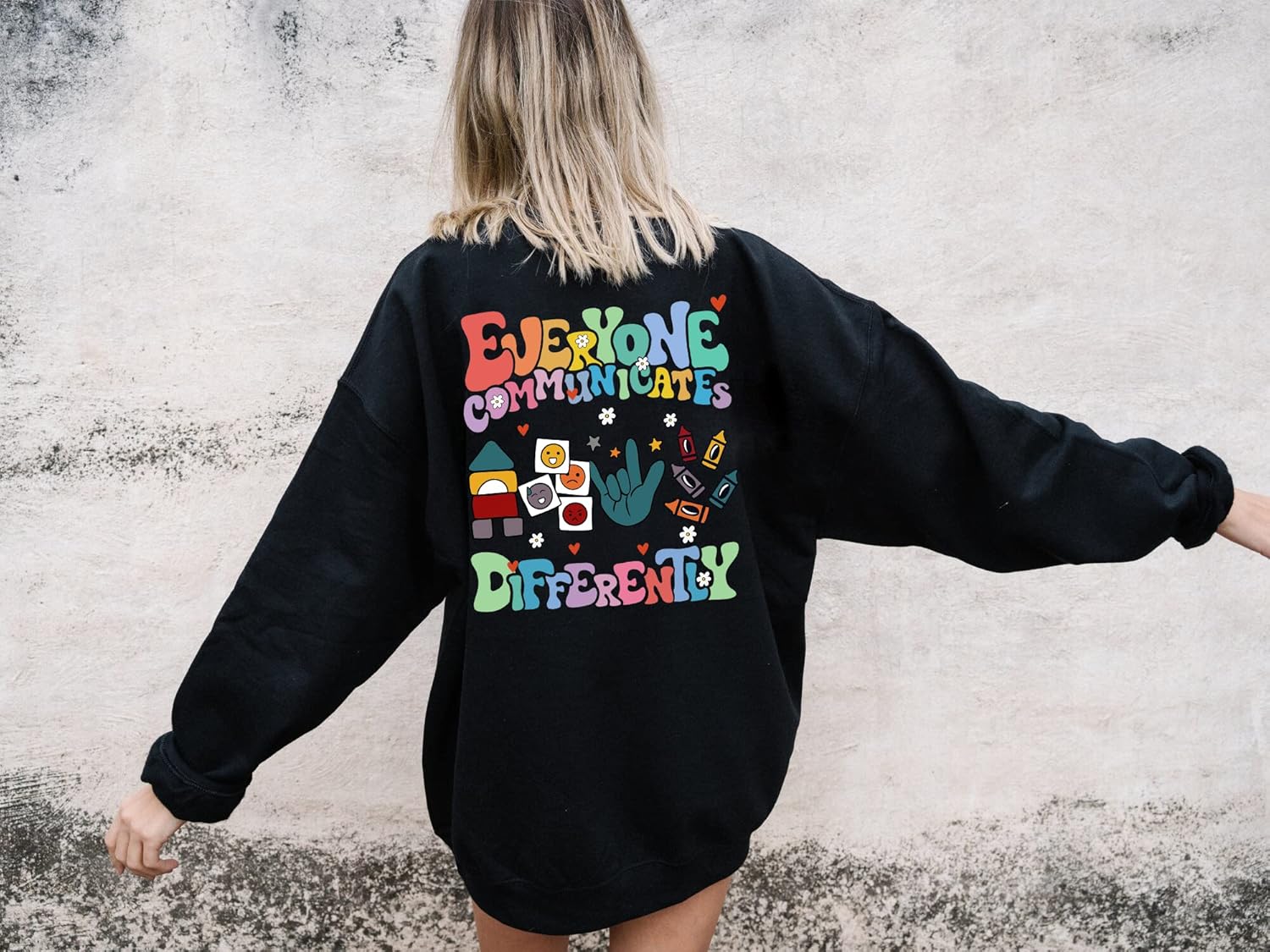 Everyone Communicates Differently Autism Awareness Crewneck Sweatshirt Words On Back Sweater