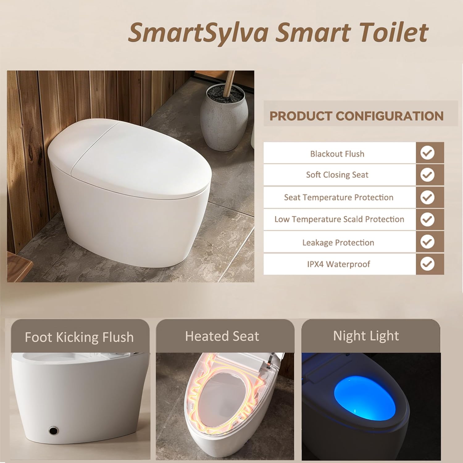 Smart Toilet with Basic Intelligent Function, Elongated Tankless Smart Toilet with Heated Seat, Auto Flush, Foot Kicking Flush, Night Light
