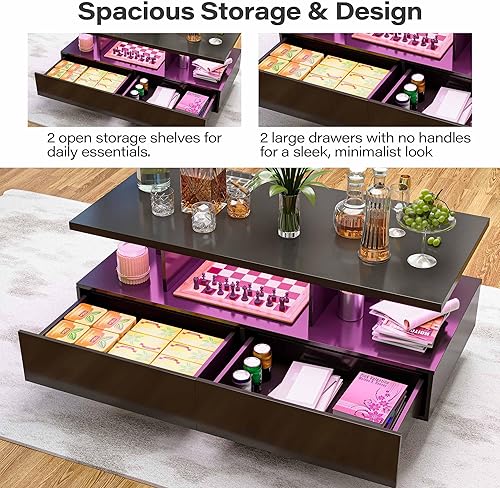 Miniatura 7 de LAUSAINT HOME Mesa auxiliar LED con almacenamiento, moderna mesa de centro iluminada de 2 niveles con aplicación y control remoto, más de 60,000