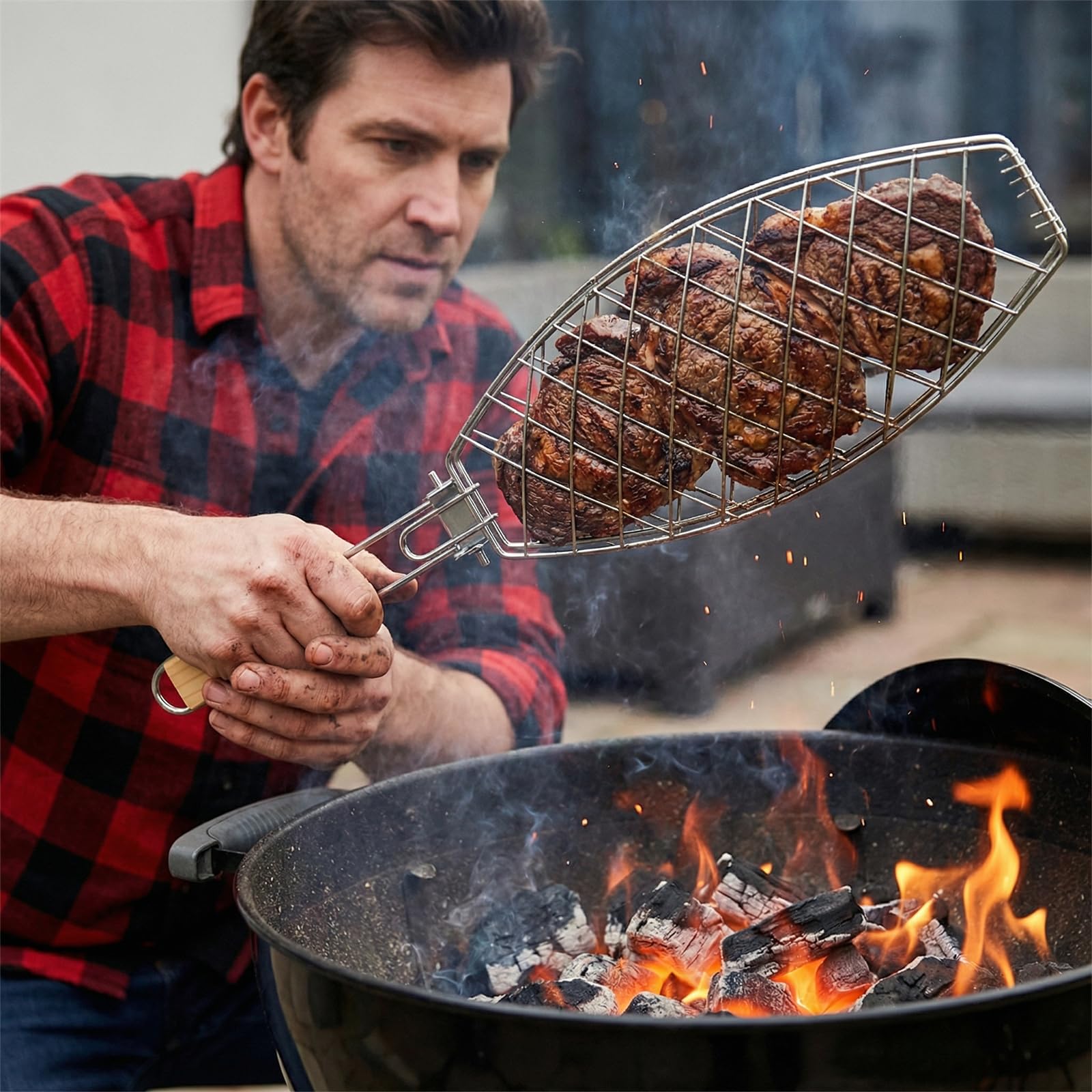 Griglia Barbecue, 35,5x12 cm, Cestello Pesce in Acciaio Inox con Pennello Olio e Spazzola Pulizia, Manico Rimovibile e Pieghevole, Rete Antiaderente, Graticola per Verdure Gamberetti Bistecche Feste