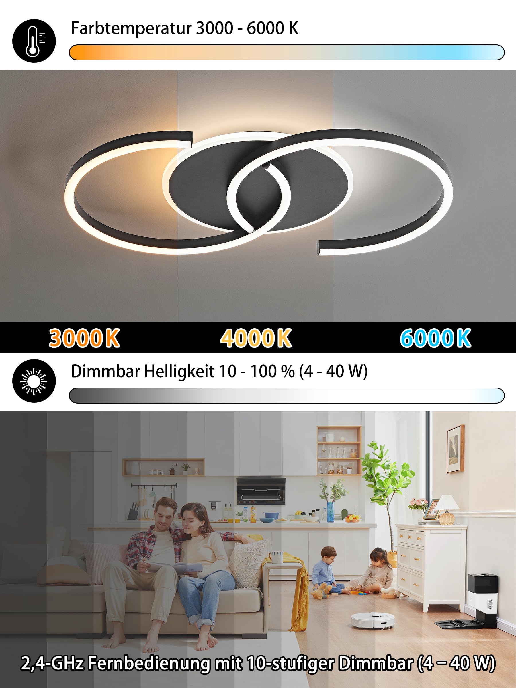LED Deckenleuchte Dimmbar schwarz „S“ Typ, 60cm 40W Farbtemperatur 3000-6000K, Helligkeit 4-40W, Mit Fernbedienung/Mobile APP, Für Wohnzimmer, Groß Schlafzimmer, Mit Memory-Funktion, 4W Nachtlicht