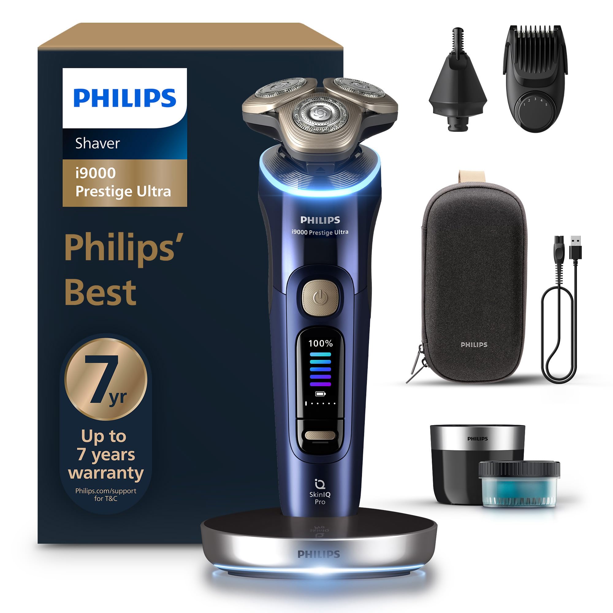 Philips Shaver i9000 Prestige Ultra, Wet & Dry Electric Shaver, Adriatic, Skin IQ Pro Technology, Triple Lift & Cut System, 360 Rotating NanoTech Precision Blades, 5 Shaving Modes, Model XP9401/38