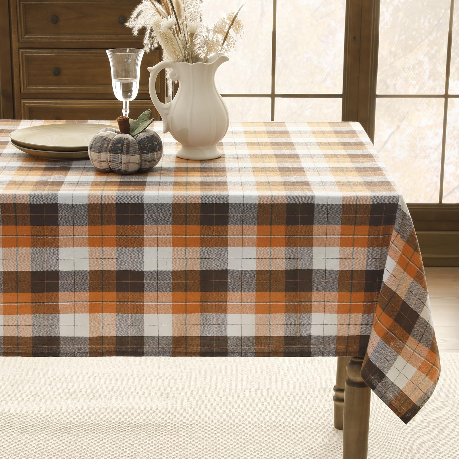 Romanstile Fall Checkered Tablecloth Rectangle - 54 x 80 Inch - Thanksgiving Brown Buffalo Plaid Cotton Flannel Table Cloths, Halloween Stain Resistant Washable Table Cover for Holiday/Party/Dining