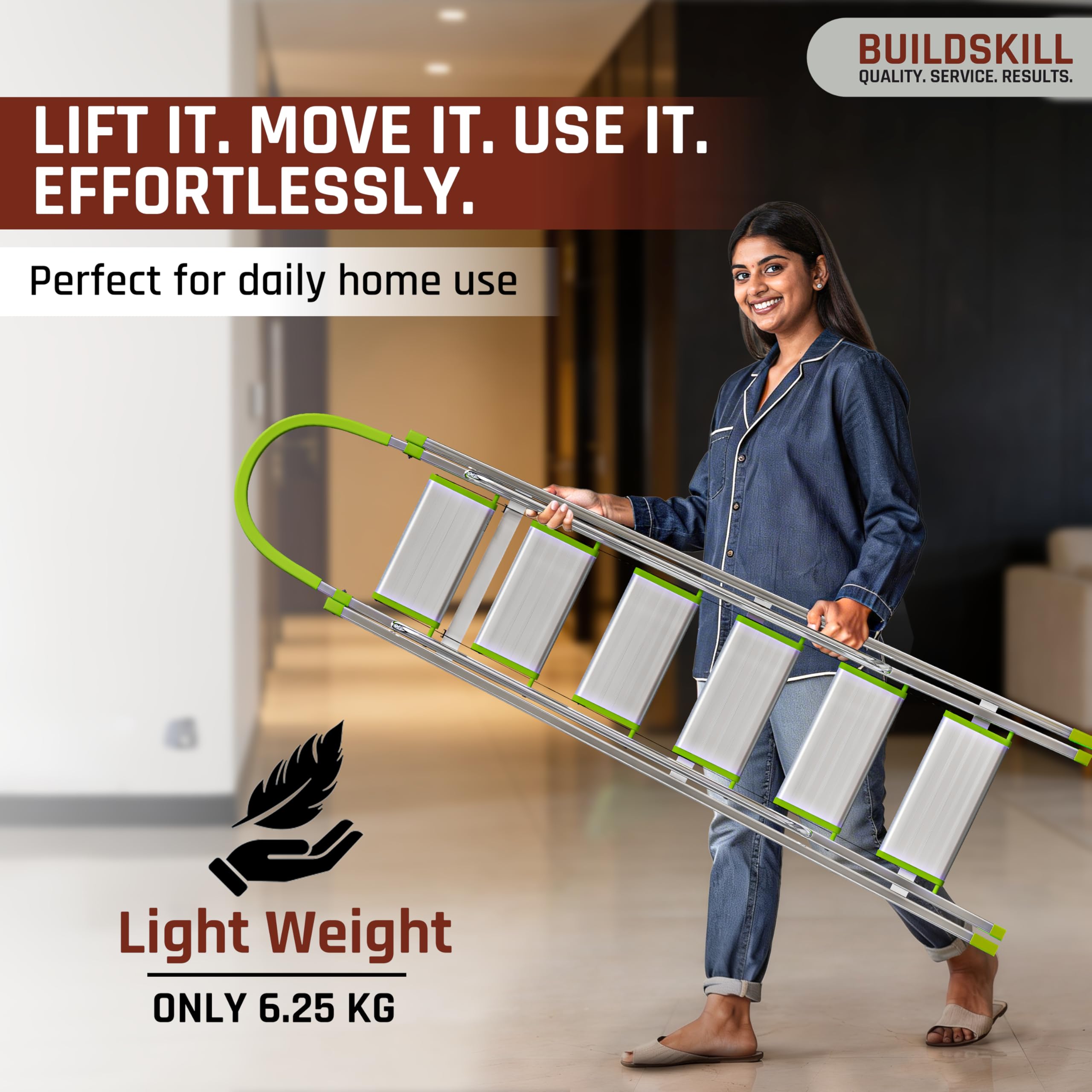 BUILDSKILL Aluminium Ladder for Home 6 Steps | 35x16cm Wide Anti-Slip Aluminium Steps | Stainless Steel Body | Handrails | Load 150 Kg| Foldable Lightweight 6.5KG Ladder for Kitchen, Office & Home — Amazon image 2