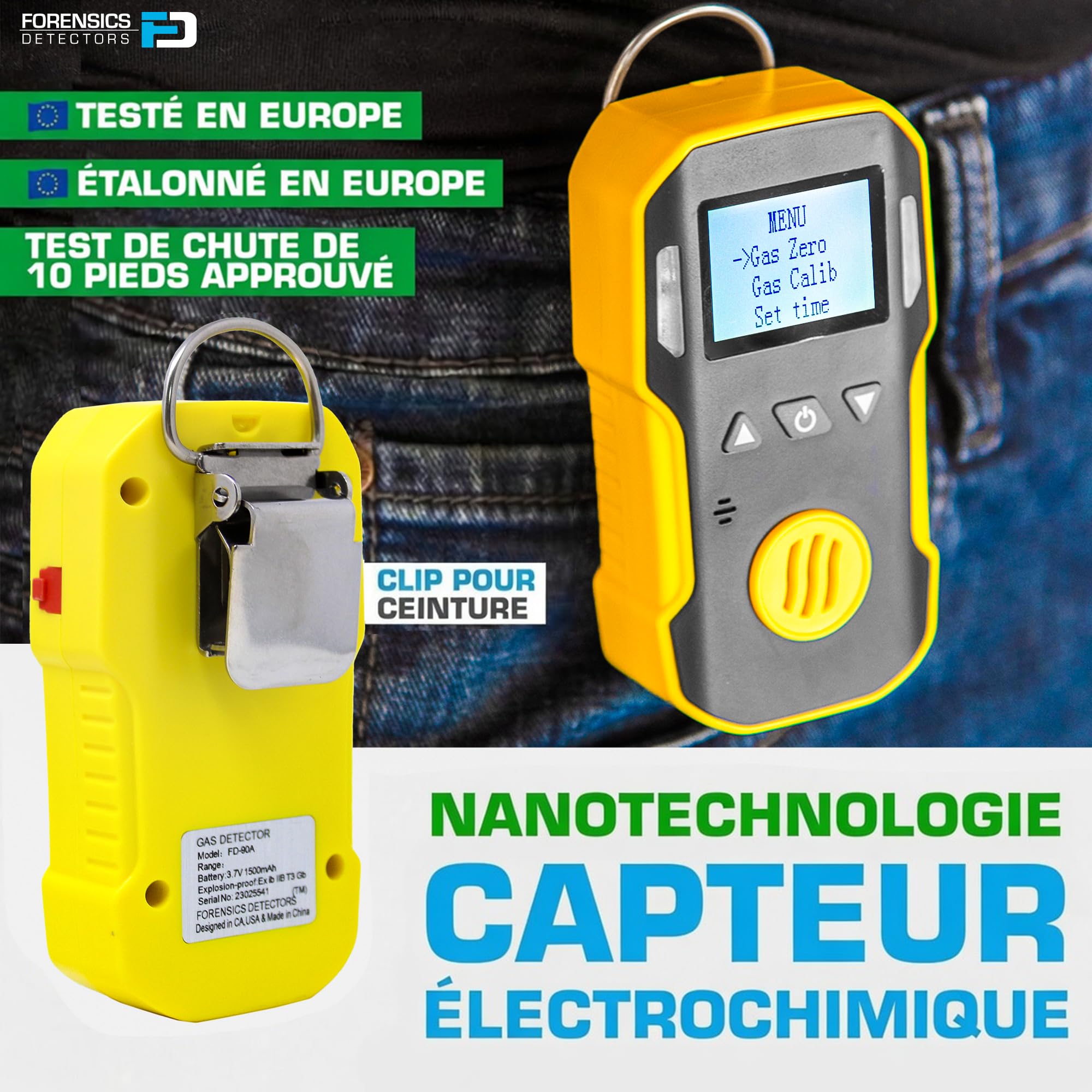 Détecteur Portable De Monoxyde De Carbone (CO) | Certificat d'étalonnage UE | Recharge USB | Alarmes Sonores, Visuelles Et par Vibration | 0–1000 ppm CO