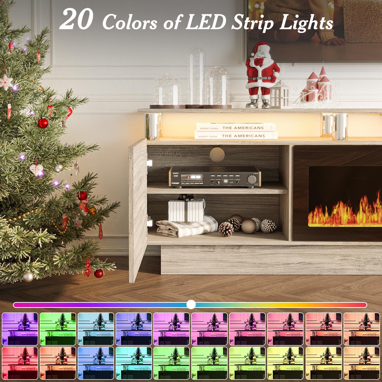 Display of 20 colors of LED strip lights on the TV stand