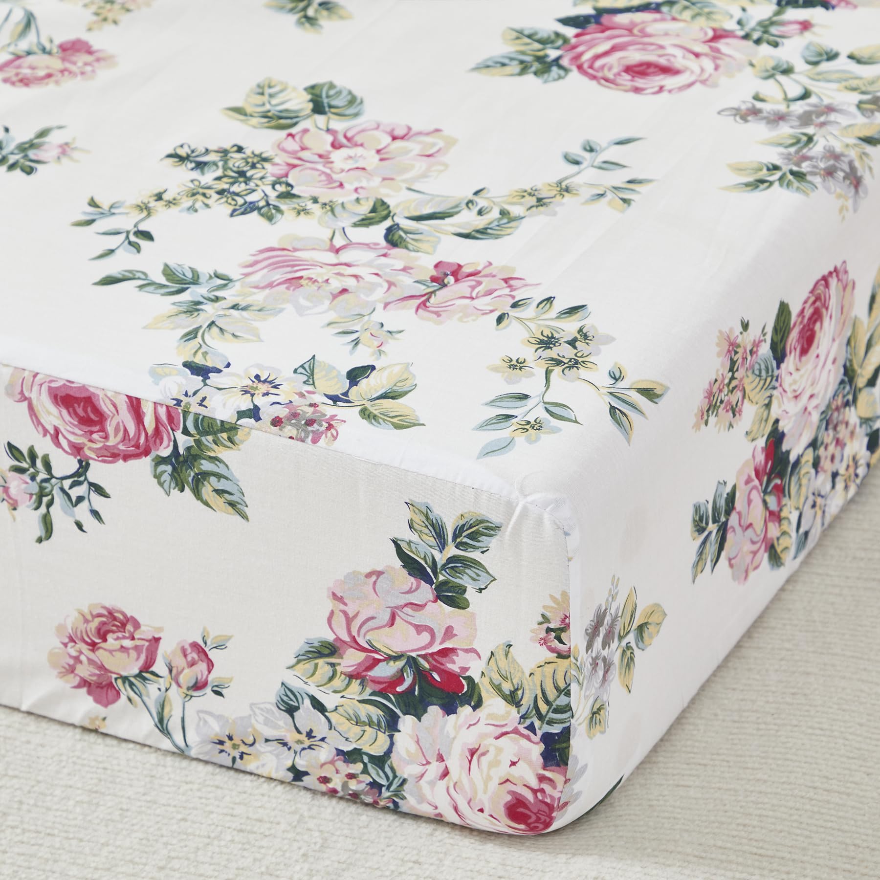 Brandream Juego de ropa de cama 100% algodón para cuna de bebé y niña, 6 piezas, diseño floral botánico de rosa, manta de edredón de lujo, sábana de cuna, falda de cuna rosa de 3 niveles, cenefa de