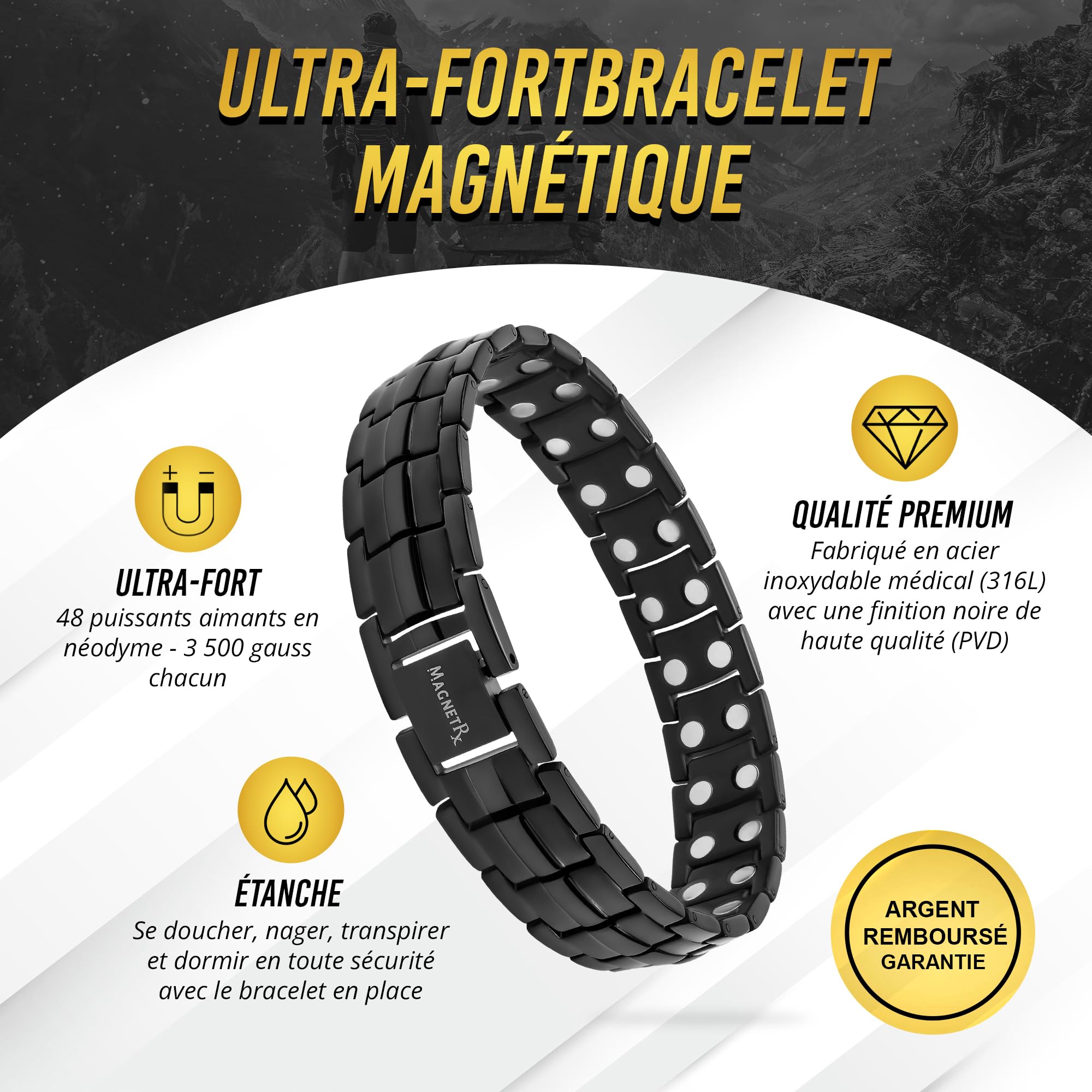 MagnetRX® Bracelet Pour Homme - 48 Aimants Puissant (3500 GAUSS Par Aimant) BijouAimanté Acier Inoxydable Ultra-Résistant - Longueur Réglable Avec Outil De Dimensionnement (Noir)
