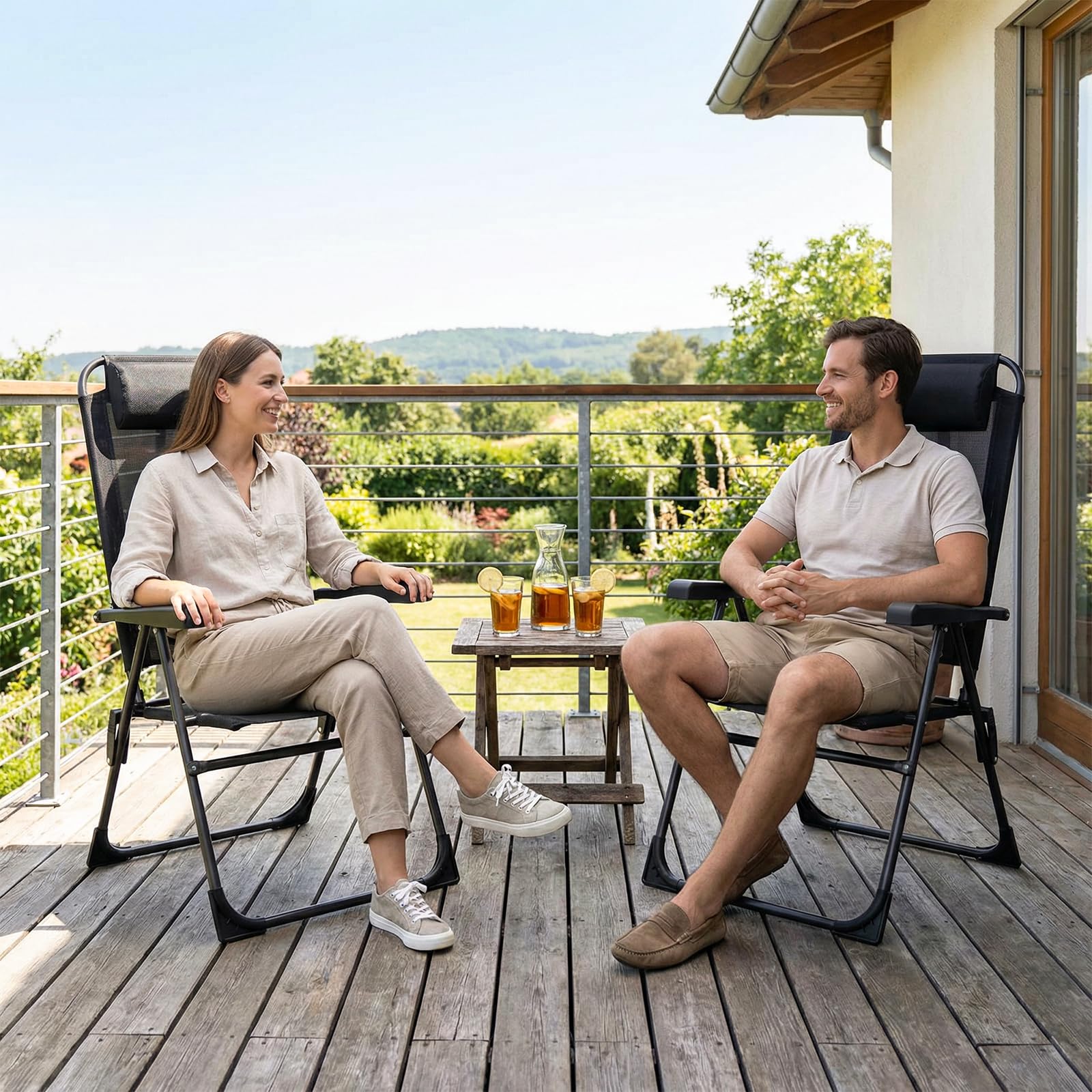 LIFERUN 2er Set Gartenstühle Klappstühle mit Kopfstütze 5 verstellbaren Rückenlehnen Hochlehne Outdoor Schwarz