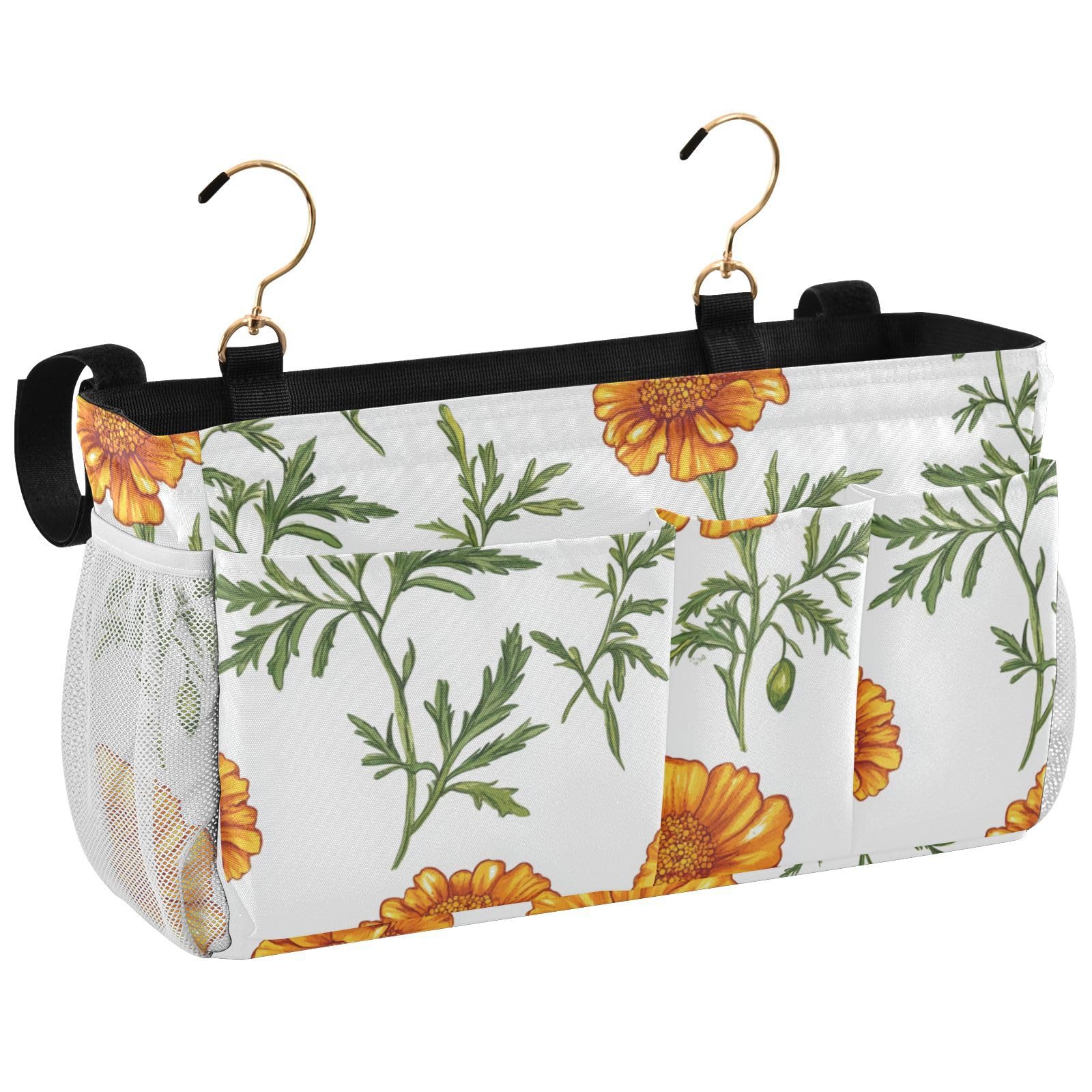 FRODOTGV Nature Marigold White Bedside Storage Caddy Bag Hanging Organizer Bags with Big Pockets And Bottle Holder for Glasses, Books, Mobile Phones, Keys