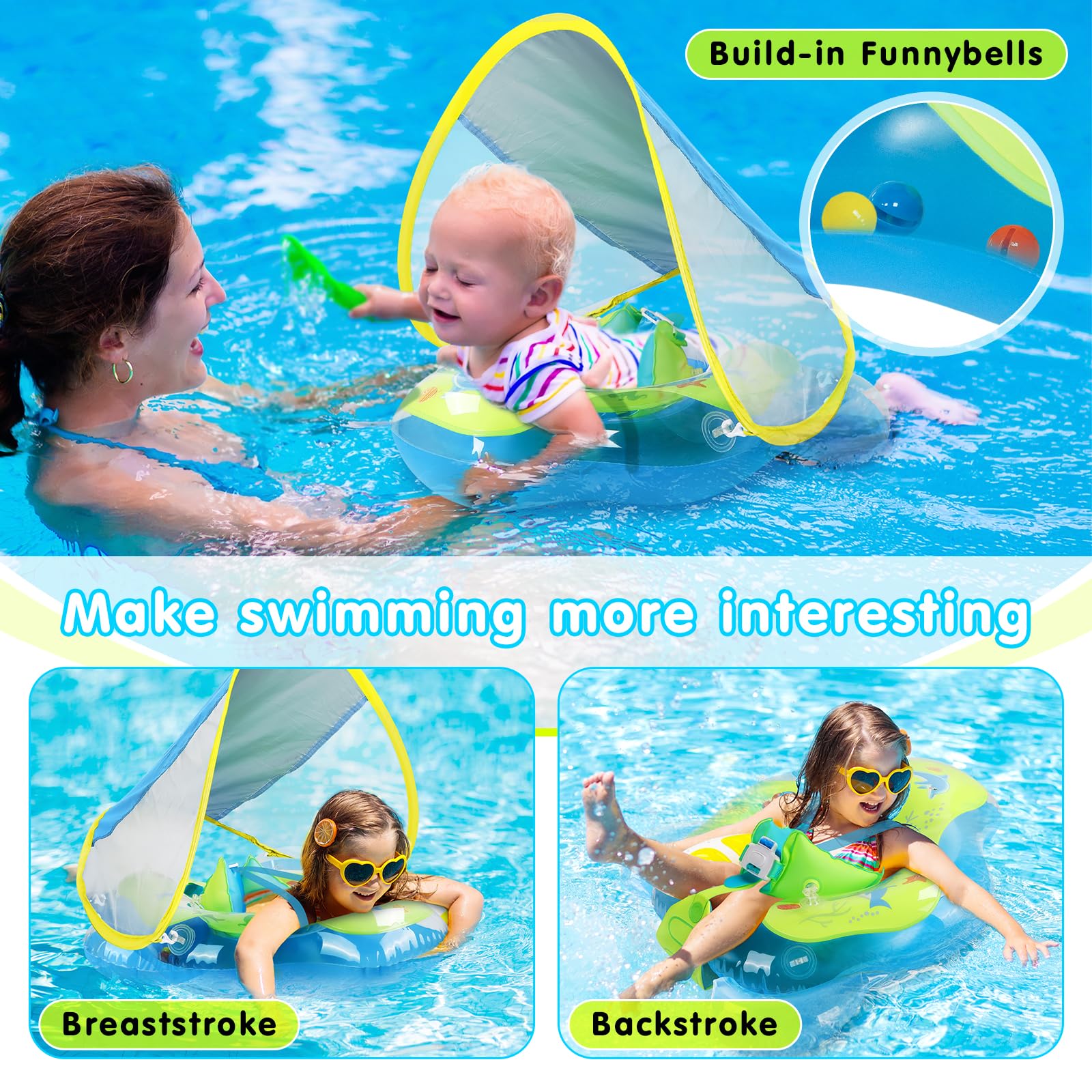 Baby Schwimmring mit abnehmbarem Sonnenschutz und Glöckchen, inklusive 1 x Handpumpe und 2 x Reparaturaufklebern. Kinderfreundliches Design, geeignet für Kleinkinder von 6–36 Monate
