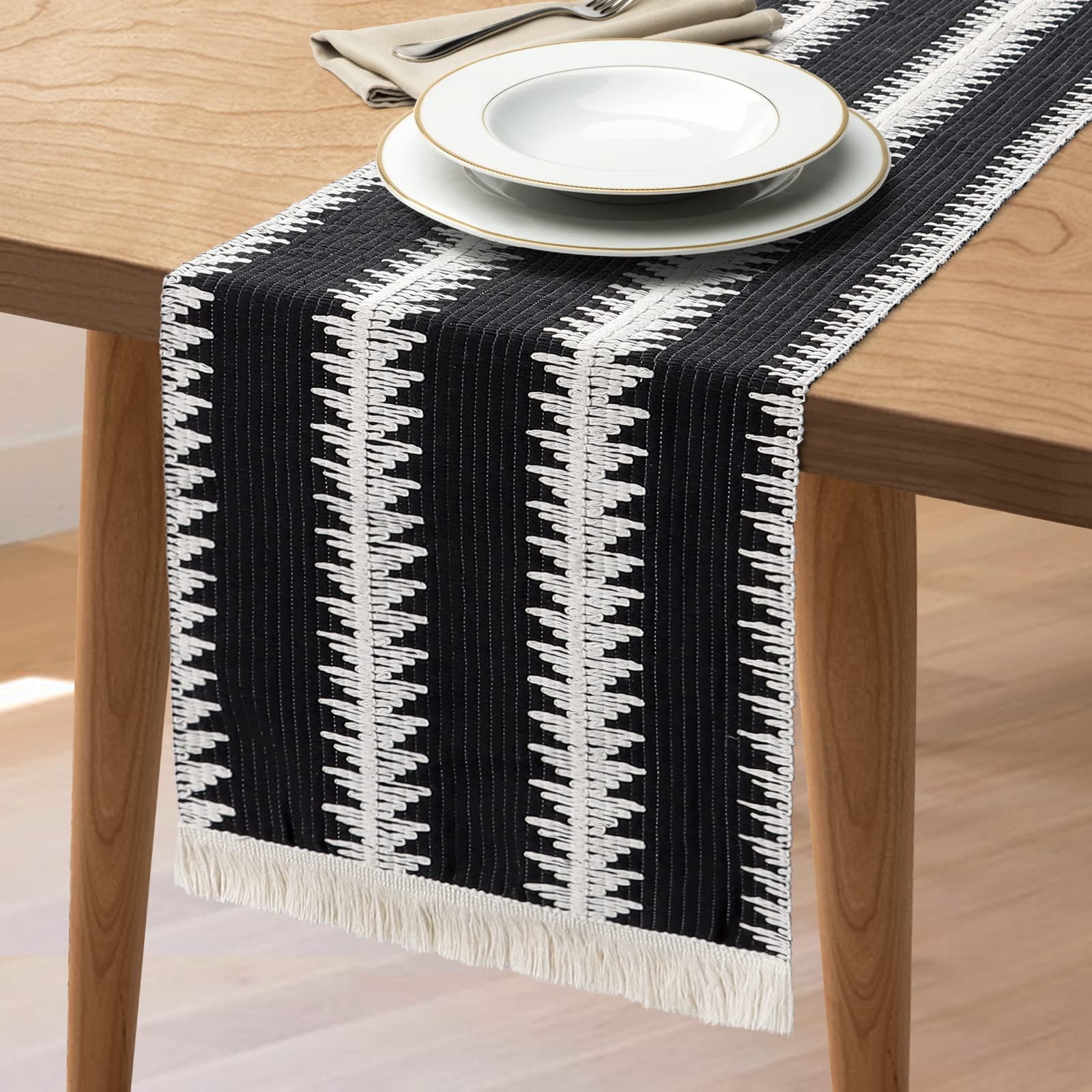 Excefore Table Runner, 30 * 180 CM Burlap Table Runner Balck and White for Modern Farmhouse Decor, Natural Cotton Woven Runner with Tassels for Wedding Party Farmhouse Dining Table Decor