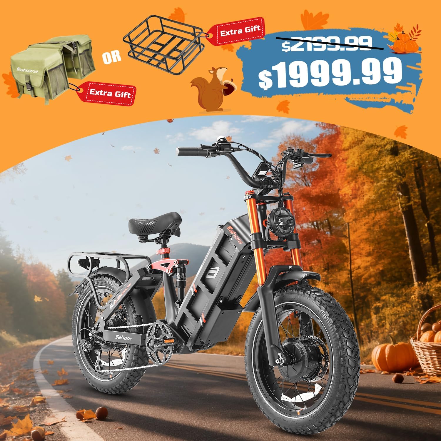 eAhora 2025 Lanuch Juliet Pro 2 Electric Bike for Adults 5400W Dual Motor 43MPH 60V 70AH 200+Miles Long Range Ebike,20" Fat Tire Full Suspension Electric Bicycle for Commute,APP Control Bag White