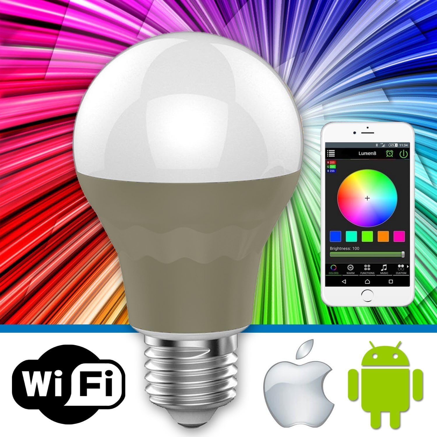 Lumen8 Wi-Fi 7.5W Multi-Colored Smart LED Light Bulb; Smartphone Controlled, Dimmable - Works with iPhone, Android Phone and Tablets (WF7WG1)