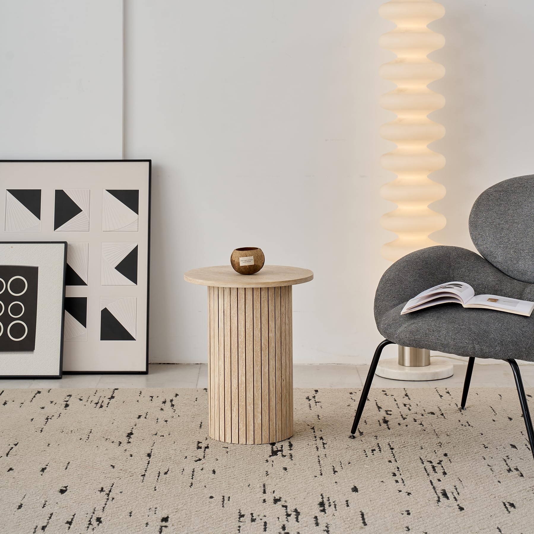 2er-Set runder Couchtische, Modernes Geriffeltes Trommel-Couchtisch-Set für Wohnzimmer, Schlafzimmer, Balkon und Büro (Travertin-Maserung, Hellgelb)