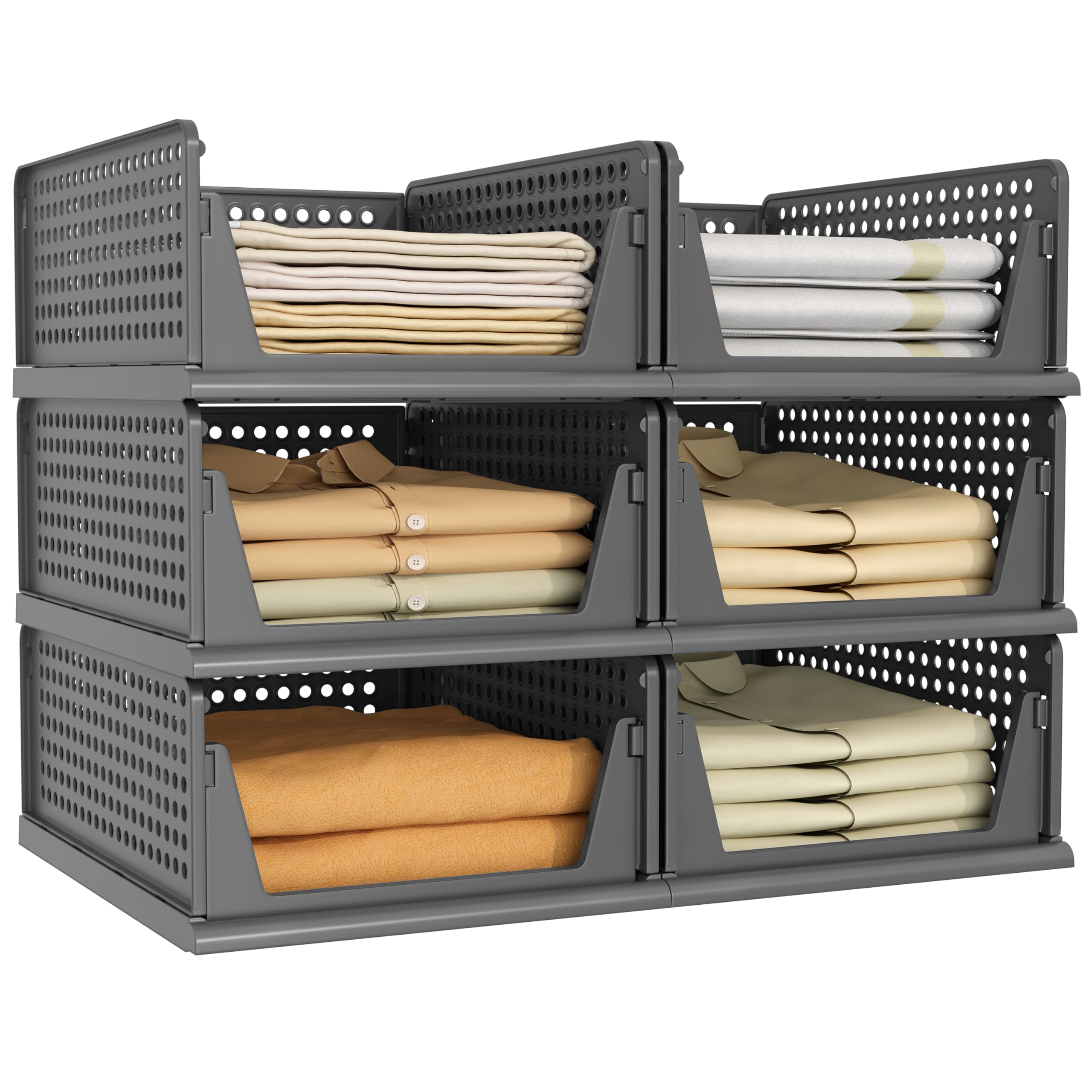 Pinkpum 6 Pack Closet Organizers Storage Box, Stackable Plastic Drawer Basket for Clothing, Stackable Storage Bins Shelf Storage Container for Closet Wardrobe Bedroom Bathroom Office Black