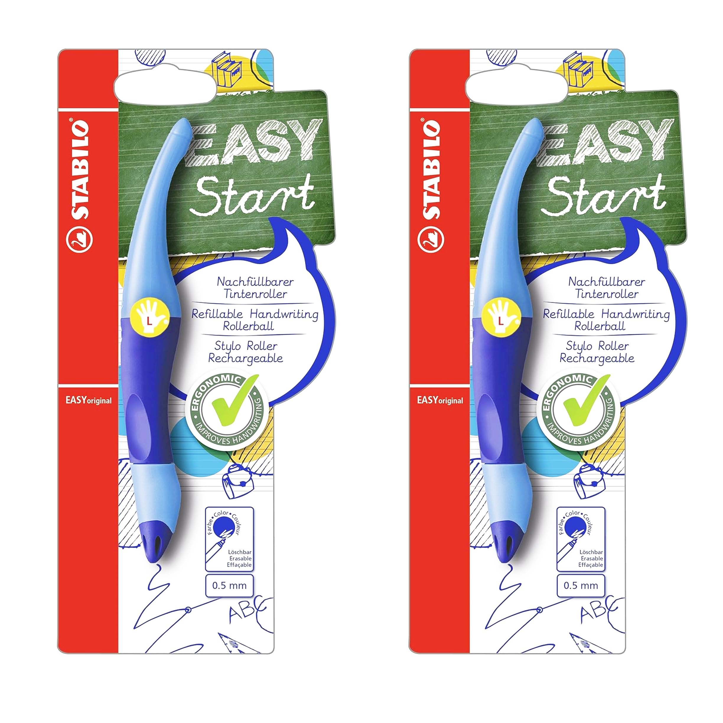 STABILO Ergonomic Rollerball EASYoriginal Pen - Pack of 2 (Left-Handed, Dark Blue/Light Blue)