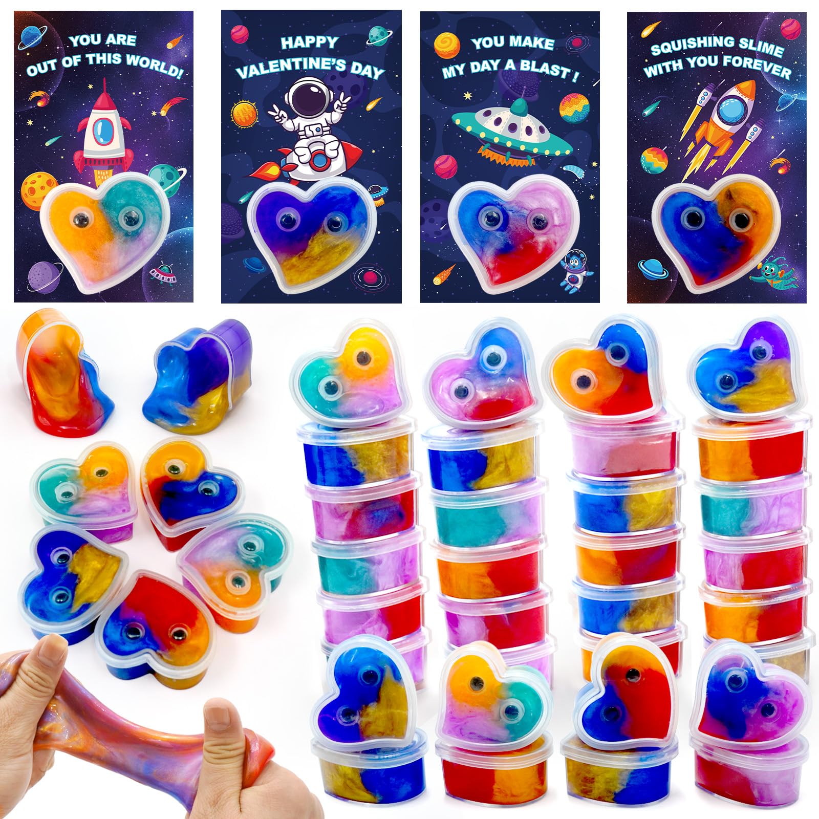 28 Pack Valentines Day Gifts for Kids, Valentines Galaxy Hearts Slime with Valentines Cards Kids Stress Relief Fidget Set Valentines Day Gifts for