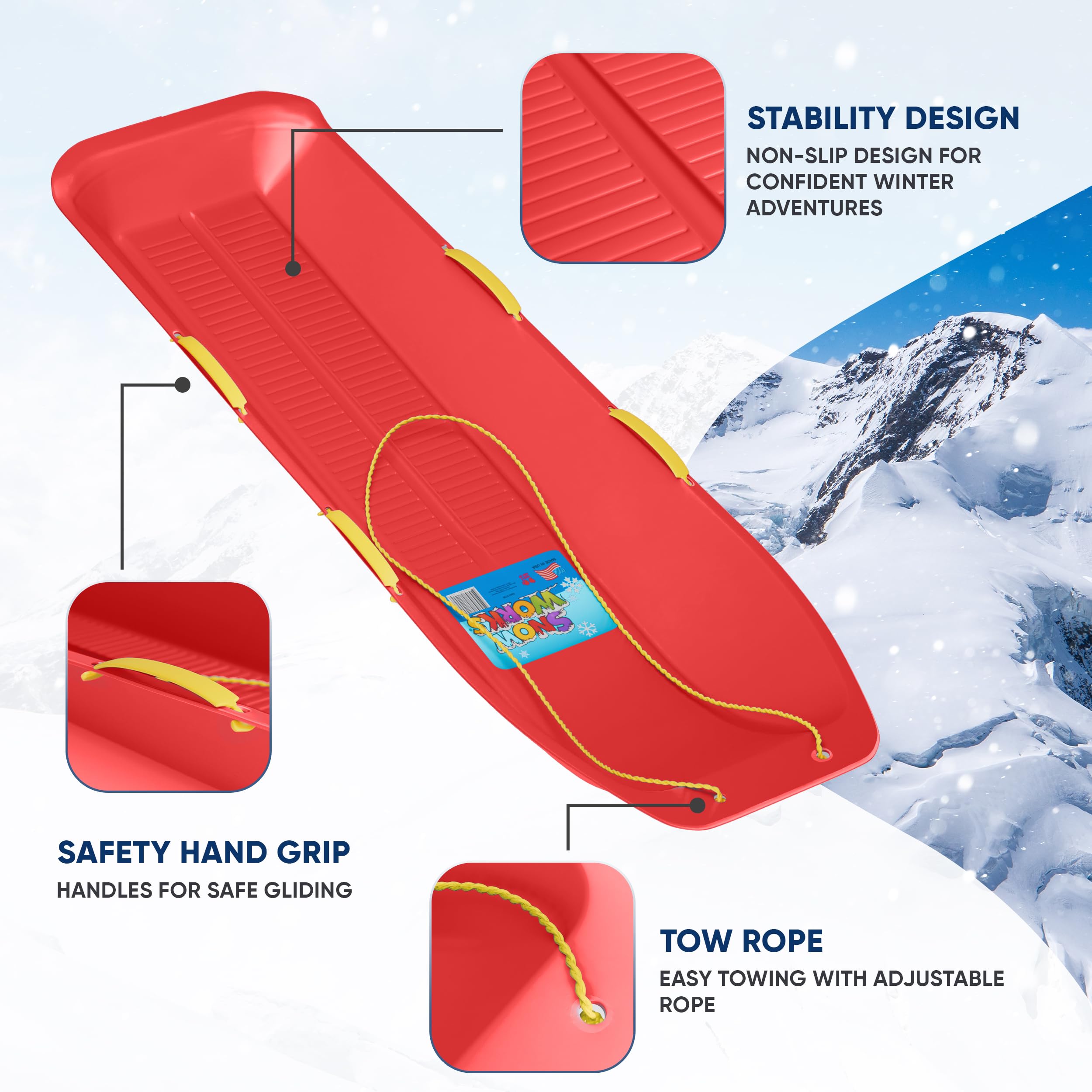 Snow Works 47" Toboggan Lifetime Sled: Durable High-Density Plastic Sleds for Adults, Kids, and Teens 2 Person Snow Sleds for Kids and Adults W/Handles and Pull Rope