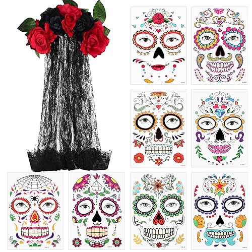 Day of Dead - Tocado con velo floral de rosa y 8 hojas de calcomanías temporales de tatuaje de calavera floral de Halloween para mujeres y niñas