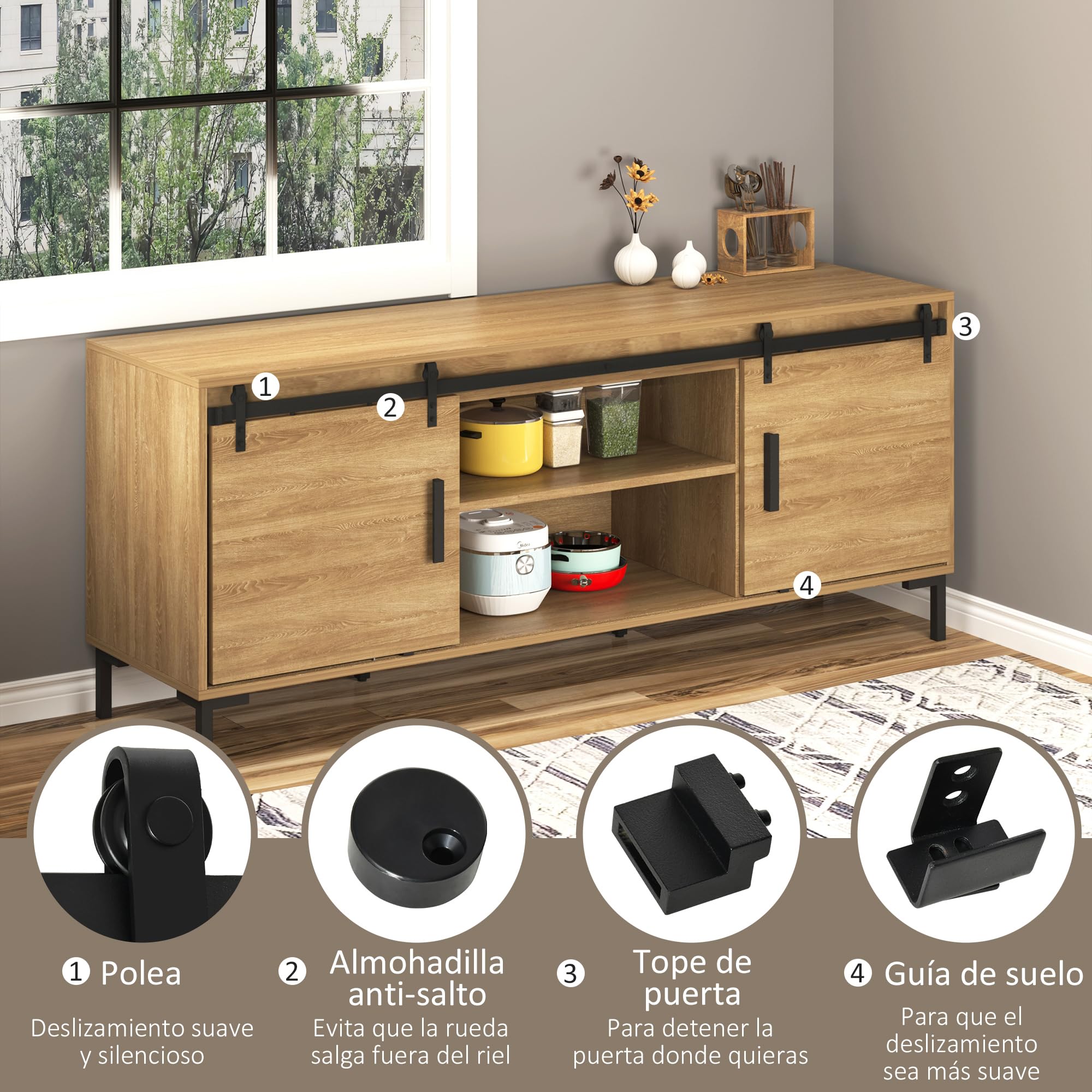 HOMCOM Herrajes Puertas Correderas 183 cm, Kit para Puerta Corredera Doble de Madera Ancho 45 cm, para Mueble de TV, Armario, Acero al Carbono, Negro