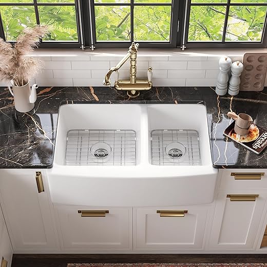DeerValley DV-1K705 Double Bowl Farmhouse Sink Farm Kitchen Sink Apron Front Double Bowl 60/40 White Ceramic Farm Kitchen Sinks
