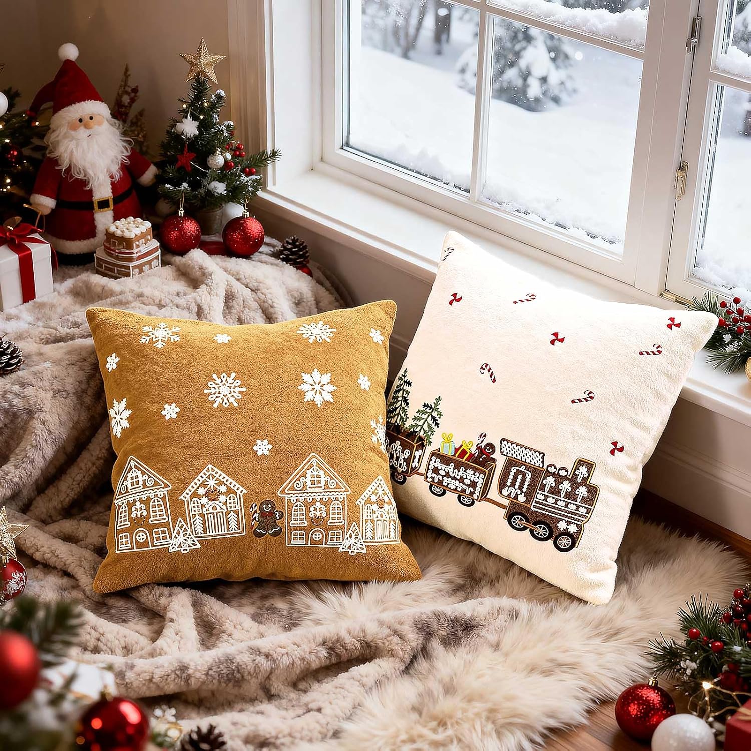 Lanpn 20x20 Christmas Pillow Covers Set of 2, Embroidery Gingerbread Man House Decorative Holiday Pillowcase Pillow Case Cushion 20 x 20 for Indoor Home Bedroom Sofa Couch Xmas Decor