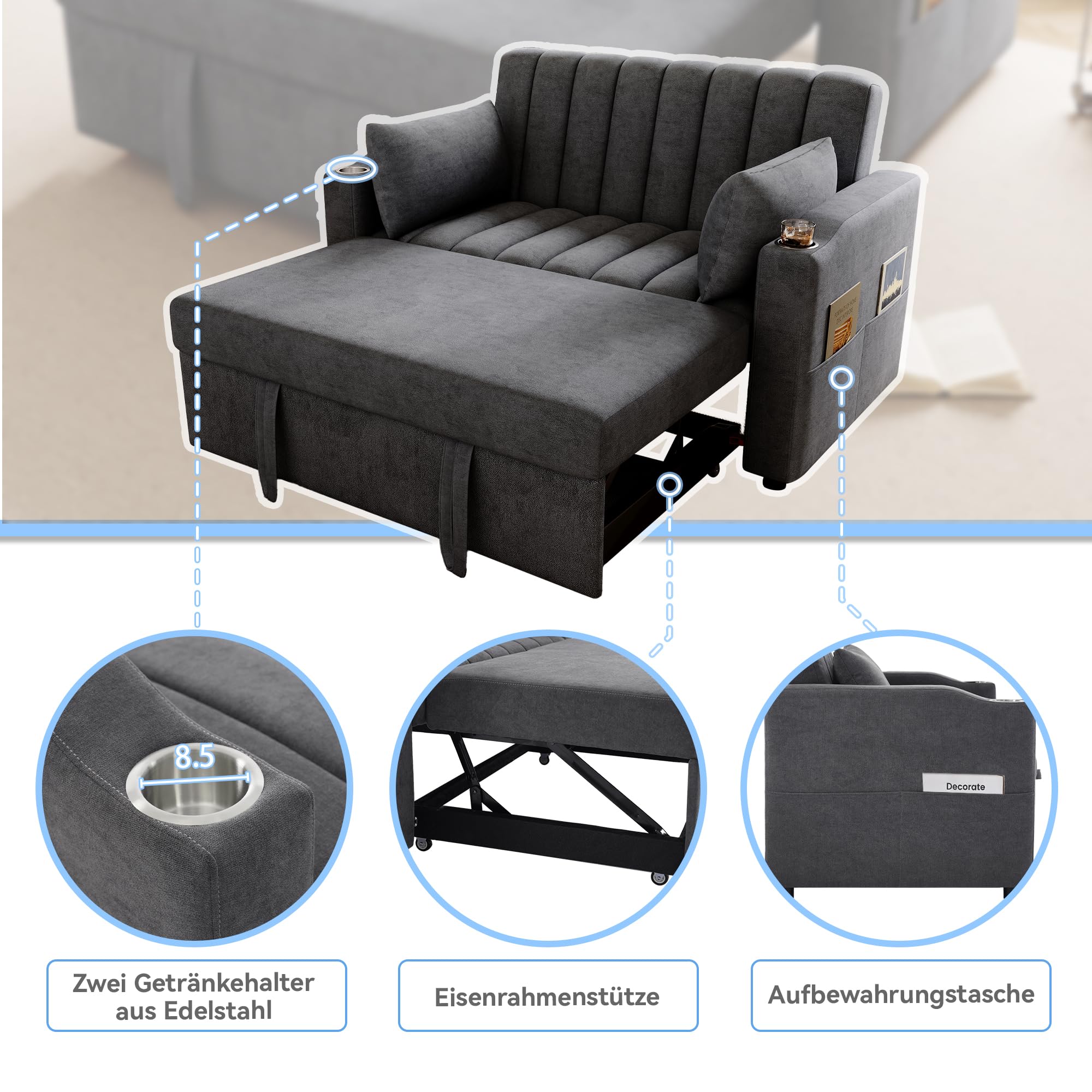 Velvet Folding Sofa Bed with Cup Holders Adjustable Back 2 Pillows and Armrest Storage 2-Seater Sofa Couch for Living Room Bedroom Small Spaces (Grey 3)