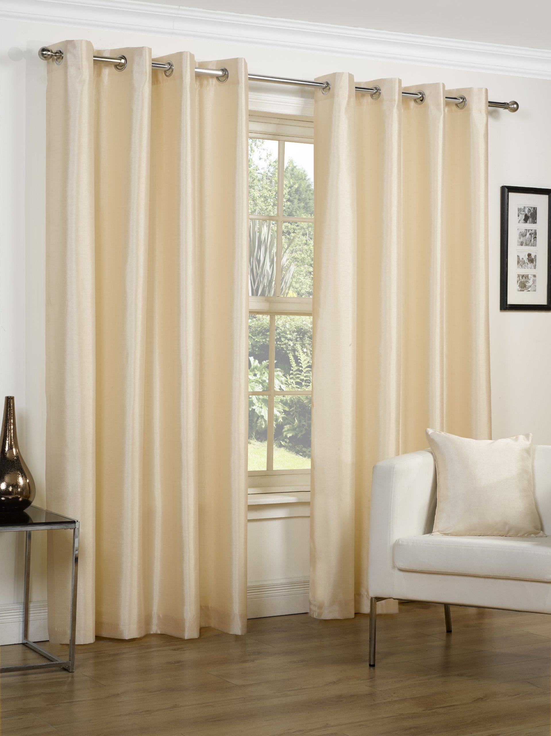 Luxury Faux Silk Slubbed Cream Eyelet Fully Lined Readymade Curtain Pair 66x72in(167x182cm)