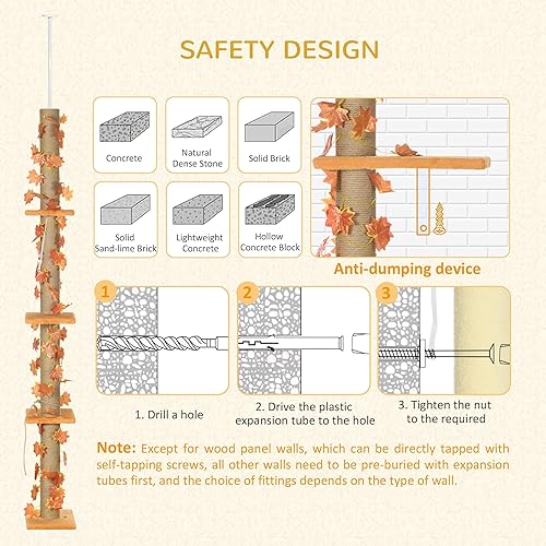 Miniatura 6 de Pawhut Árbol para gatos de piso a techo, torre para gatos de altura ajustable de 80 a 95 pulgadas, torre de escalada para gatos de 3 niveles para